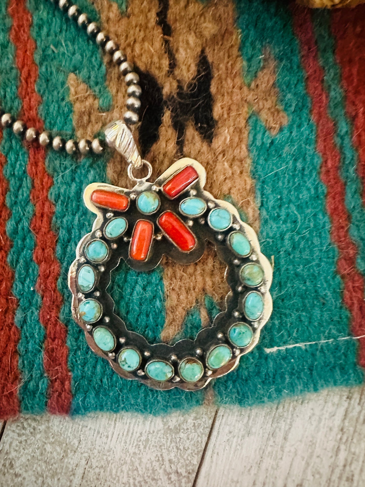 ** Christmas Collection ** Handmade Sterling Silver, Turquoise & Coral Wreath Pendant Signed Nizhoni
