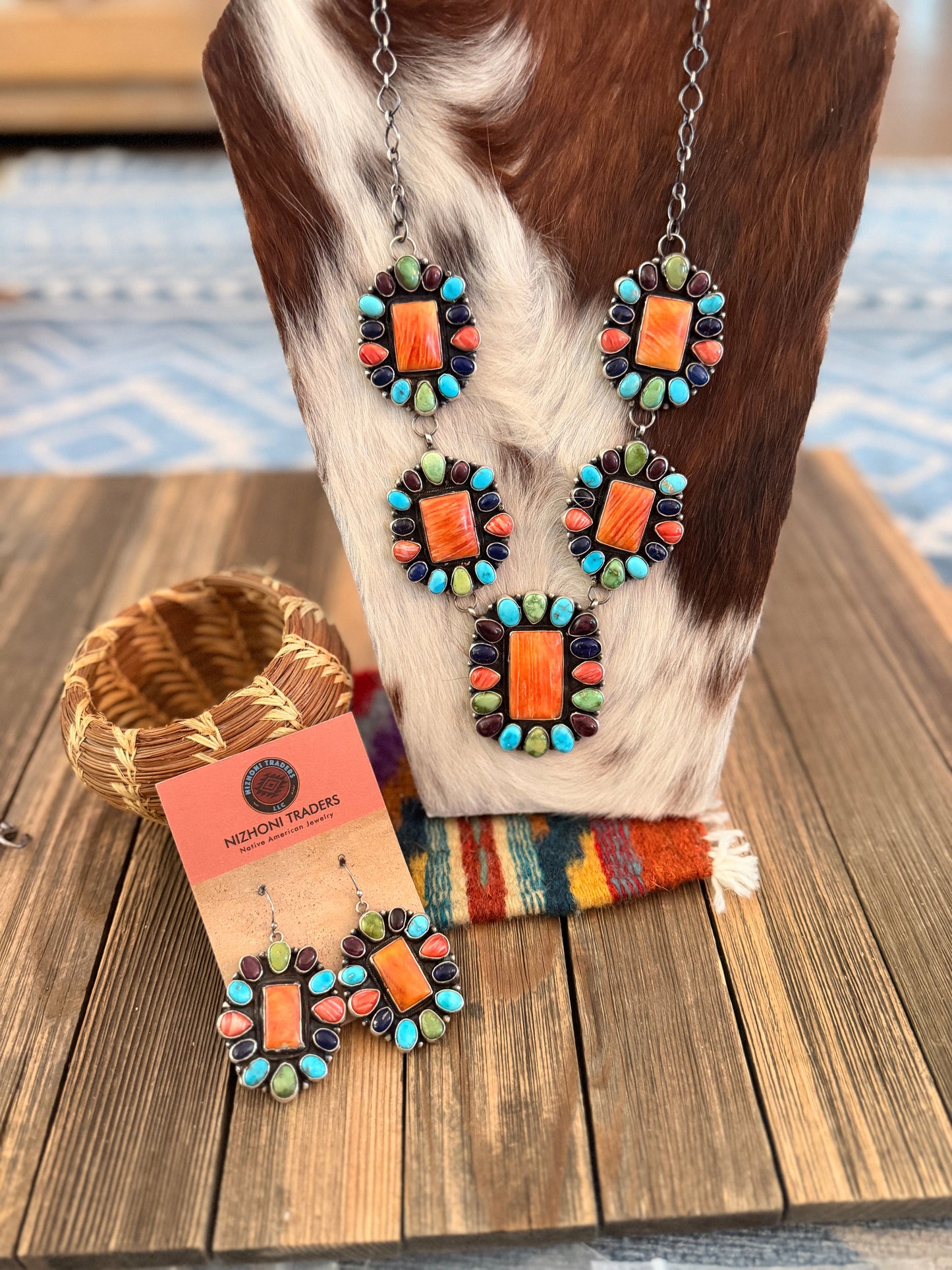 Handcrafted Spiny Oyster, Turquoise & Sterling Silver Necklace and Earring Set by Ella Peter
