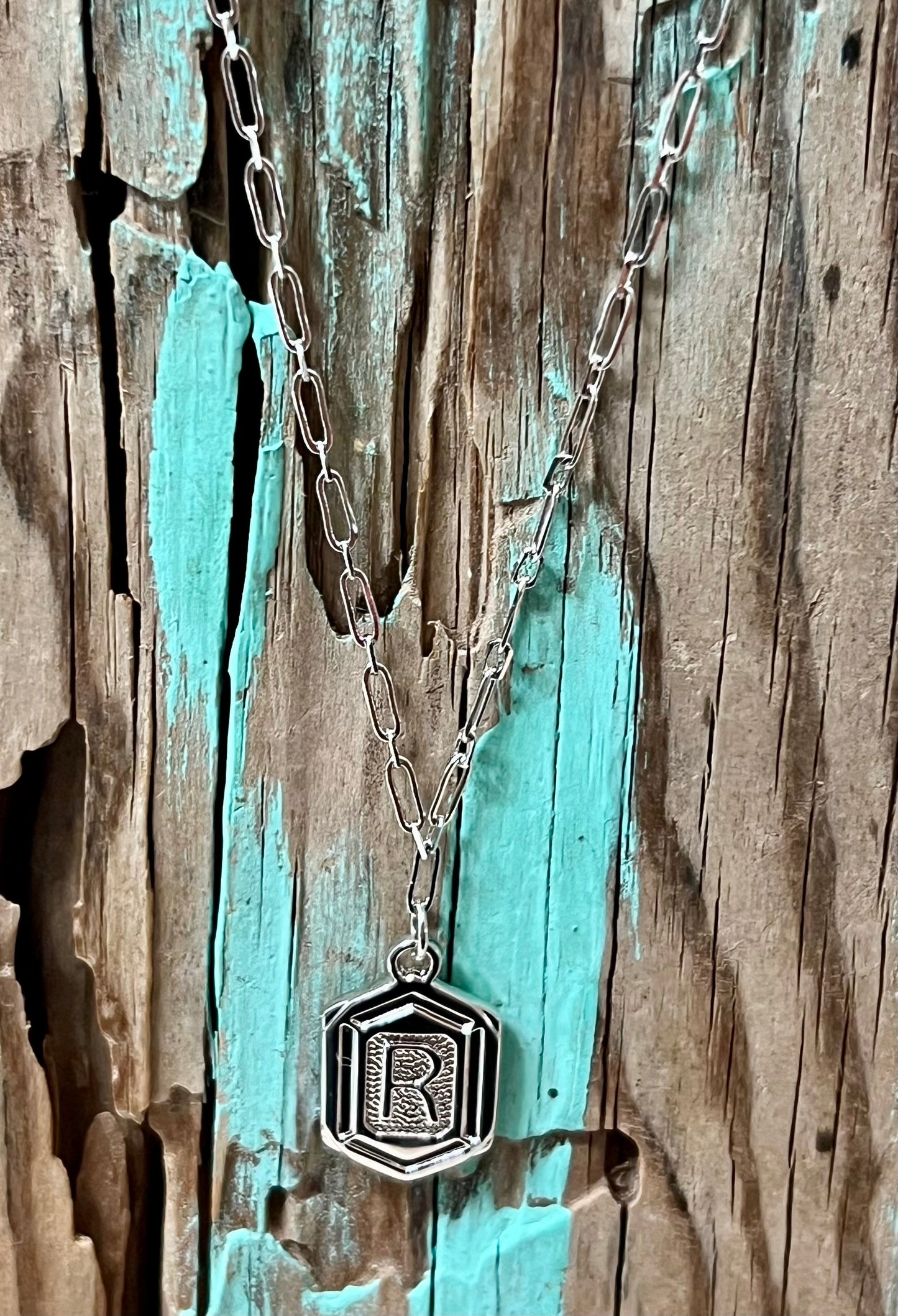 Hexagon Tag Initial “R” Pendant Necklace