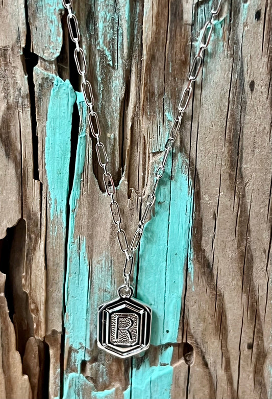 Hexagon Tag Initial “R” Pendant Necklace