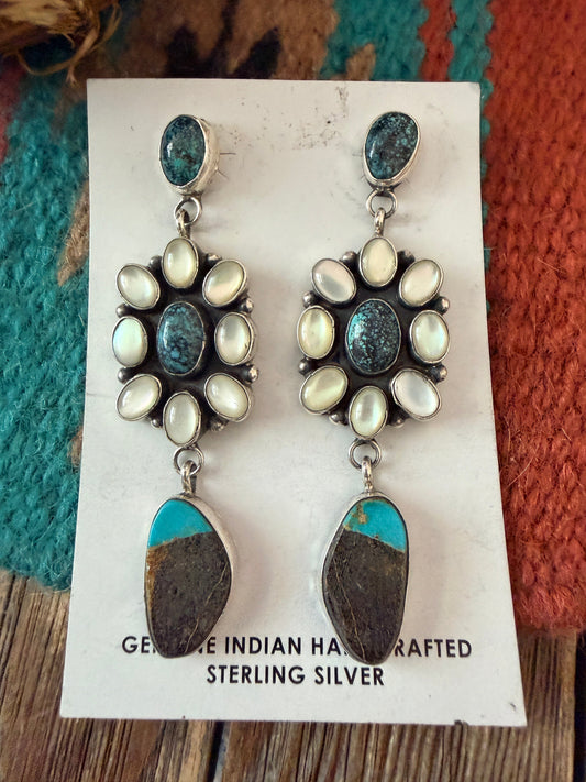 Handcrafted Mother of Pearl, Turquoise & Sterling Silver Dangle Earrings by Jacqueline Silver