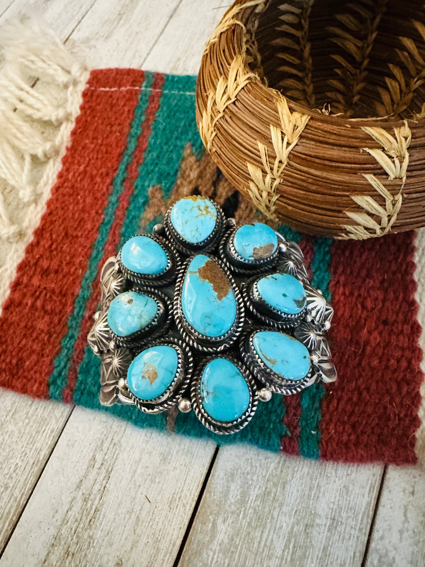 Kingman Turquoise & Sterling Silver Cluster Cuff Bracelet /