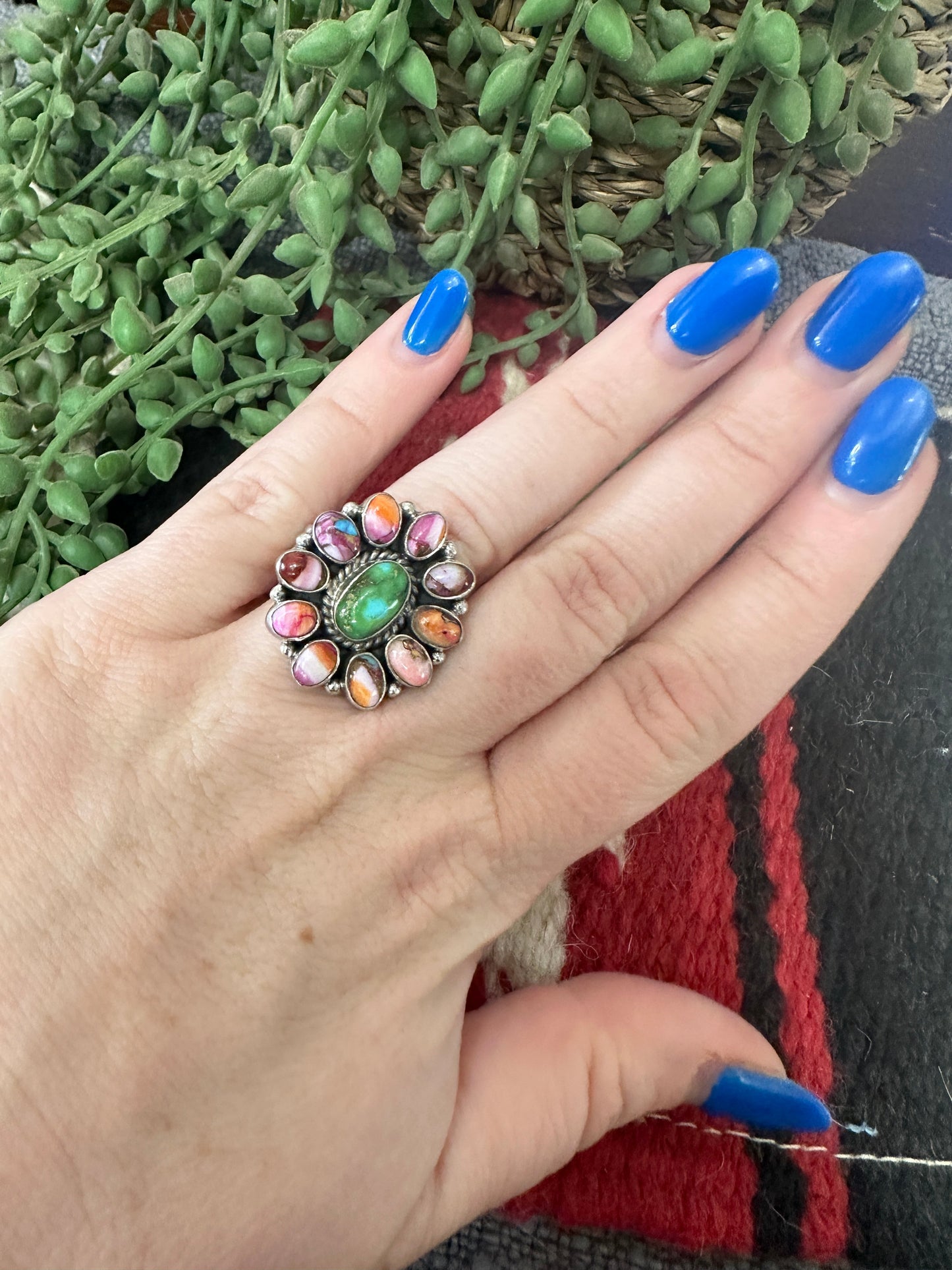 Handmade Sonoran Mountain Turquoise Pink Dream Mojave And Sterling Silver Adjustable Ring