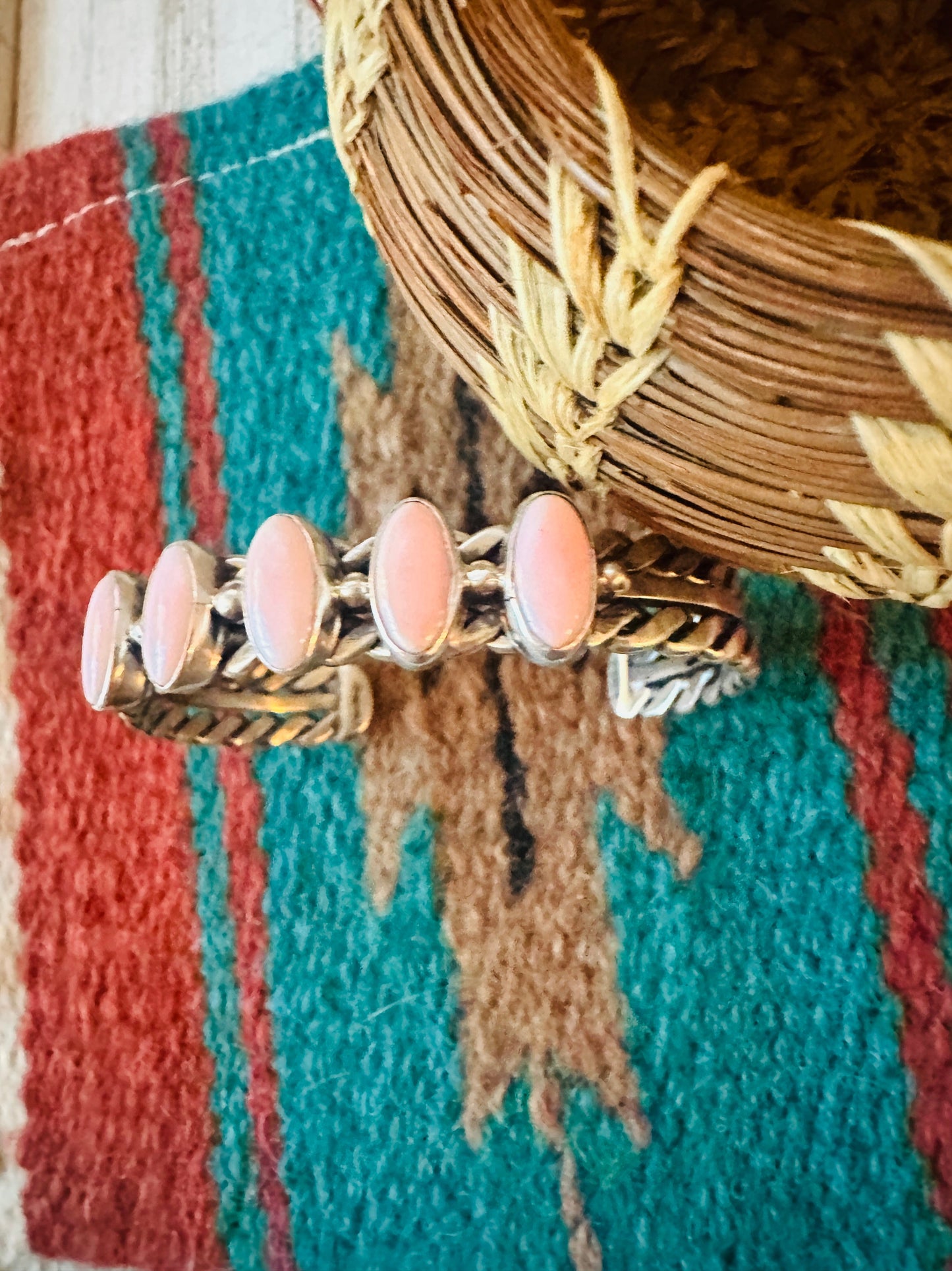 Handcrafted 5 Stone Queen Pink Conch Shell & Sterling Silver Cuff Bracelet