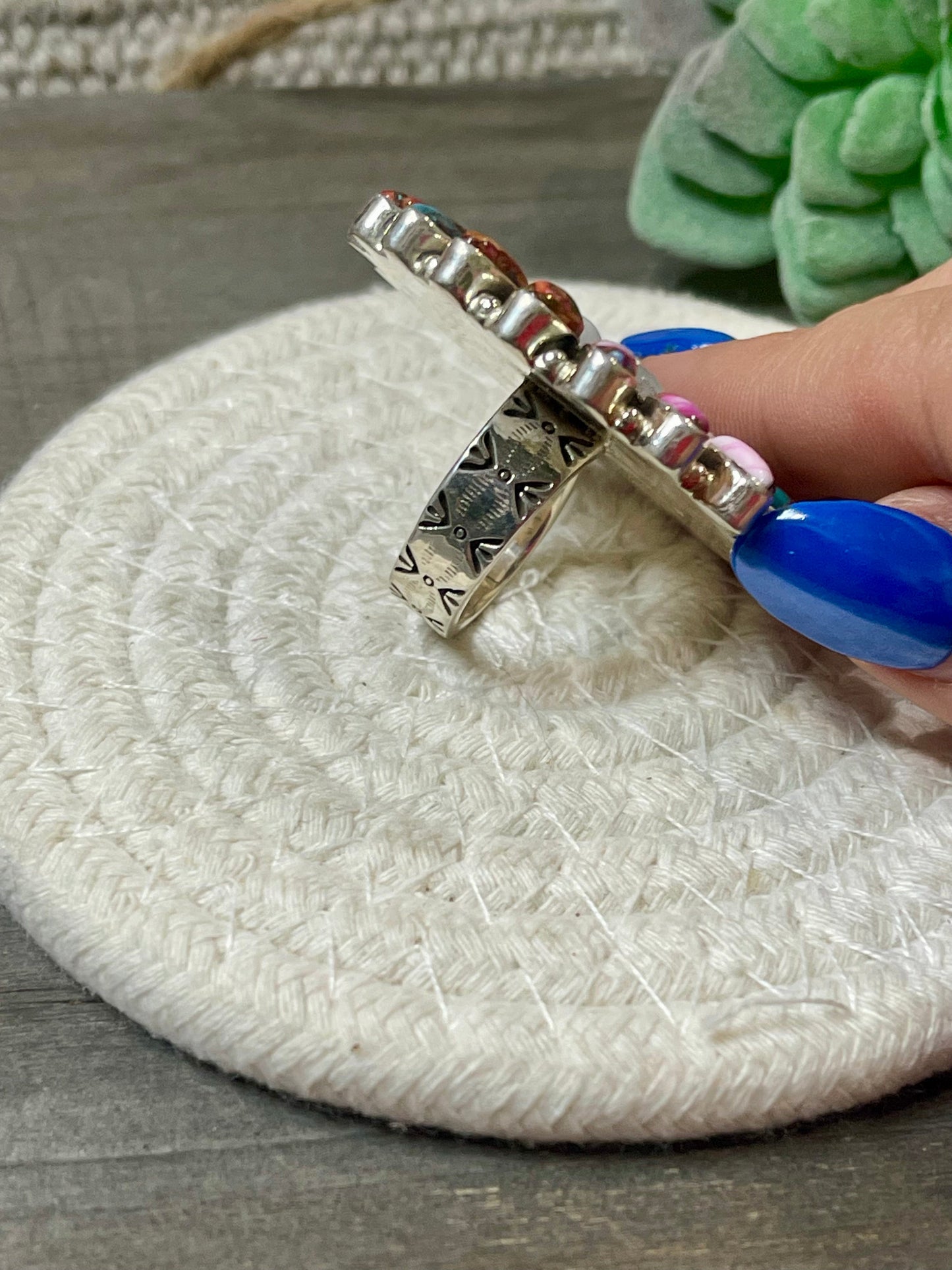 Handmade Multi Stone And Sterling Silver Cluster Adjustable Ring