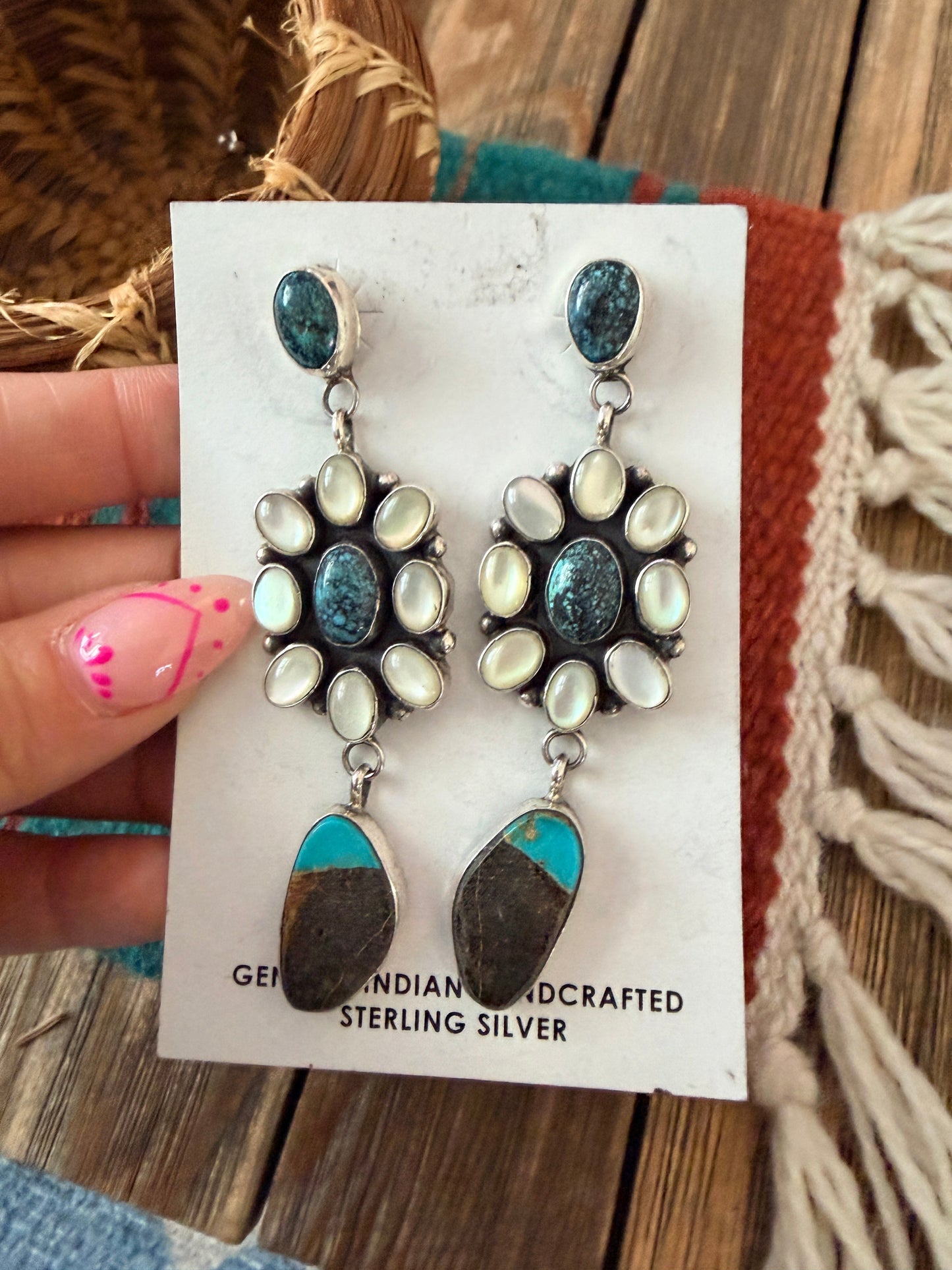 Handcrafted Mother of Pearl, Turquoise & Sterling Silver Dangle Earrings by Jacqueline Silver