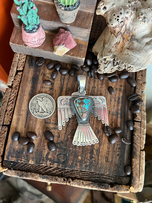 Hand Stamped Sterling Silver & Pilot Mountain Turquoise Thunderbird Pendant by Kimari Somers