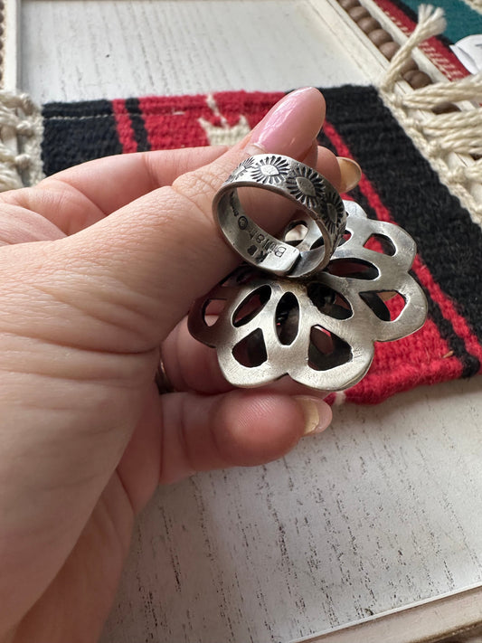 Gorgeous Handcrafted Turquoise And Sterling Silver Adjustable Flower Ring Signed K Billah
