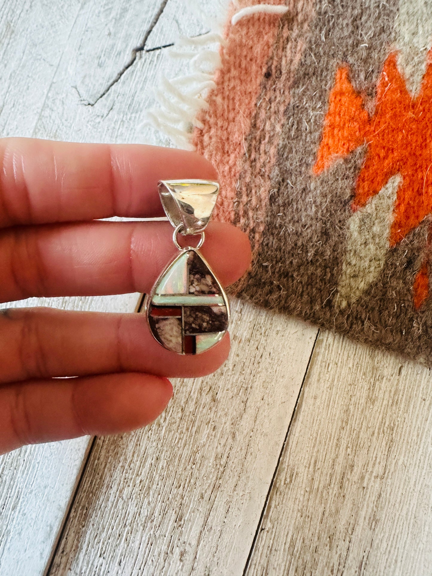 Handcrafted Multi Stone & Sterling Silver Inlay Teardrop Pendant