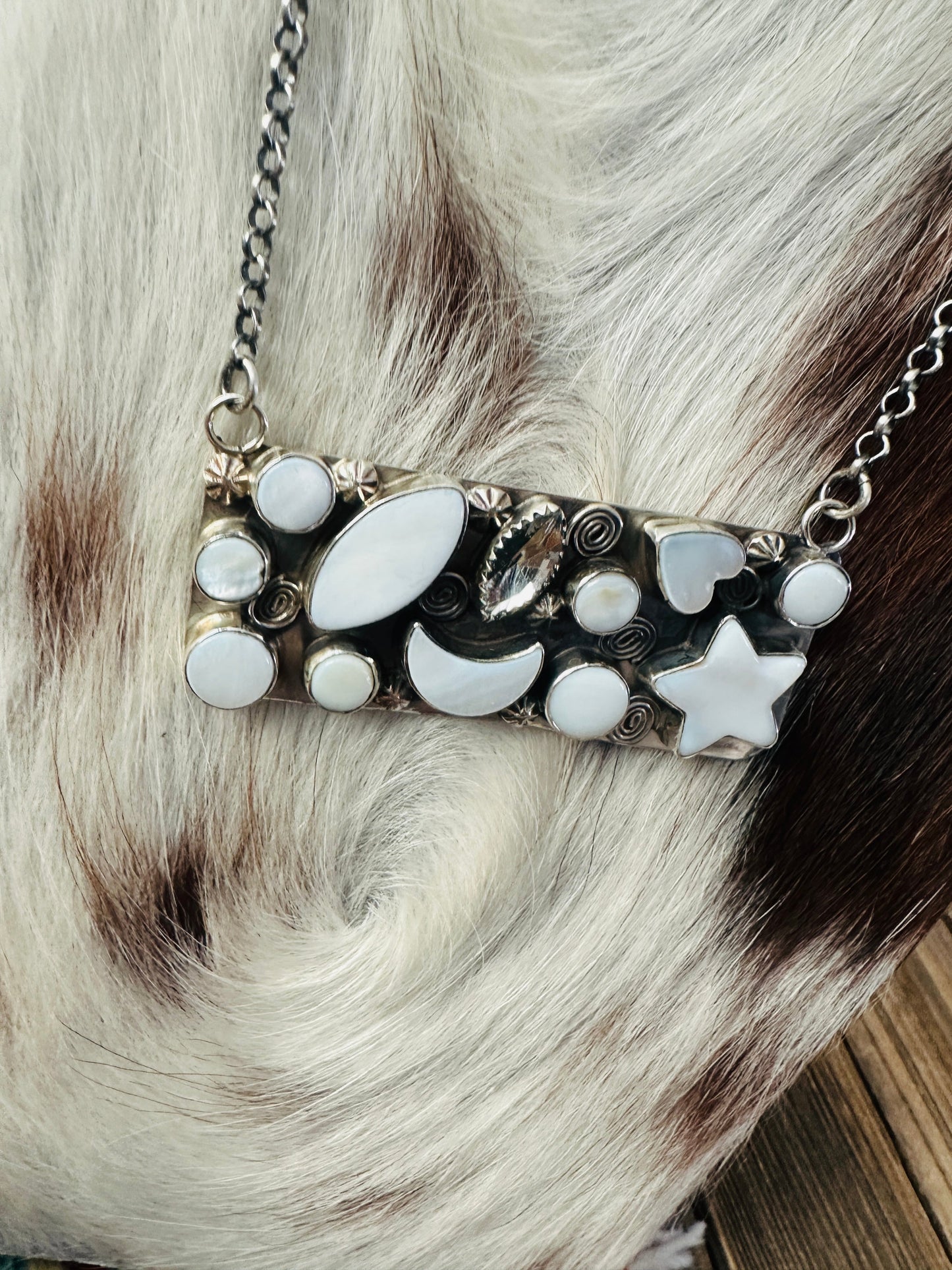 Handcrafted Mother of Pearl, CZ & Sterling Silver Bar Necklace by Jacqueline Silver