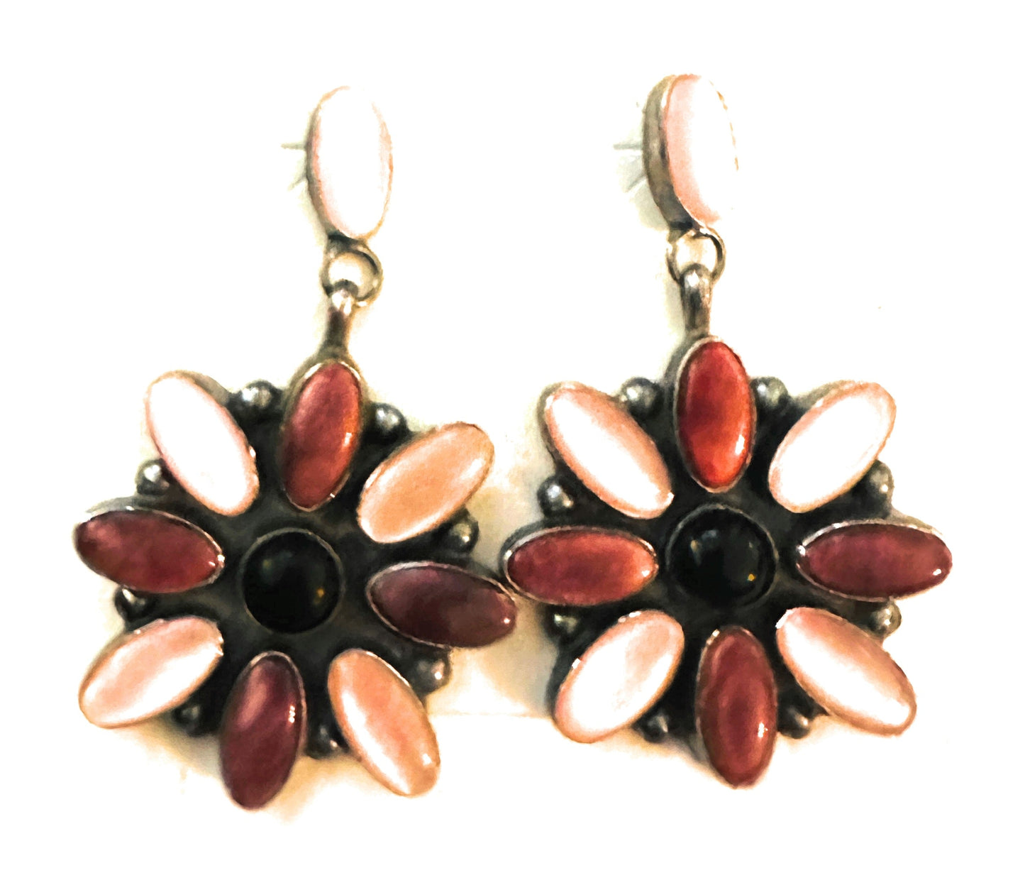 Handcrafted Mother of Pearl, Spiny, Onyx & Sterling Silver Dangle Earrings