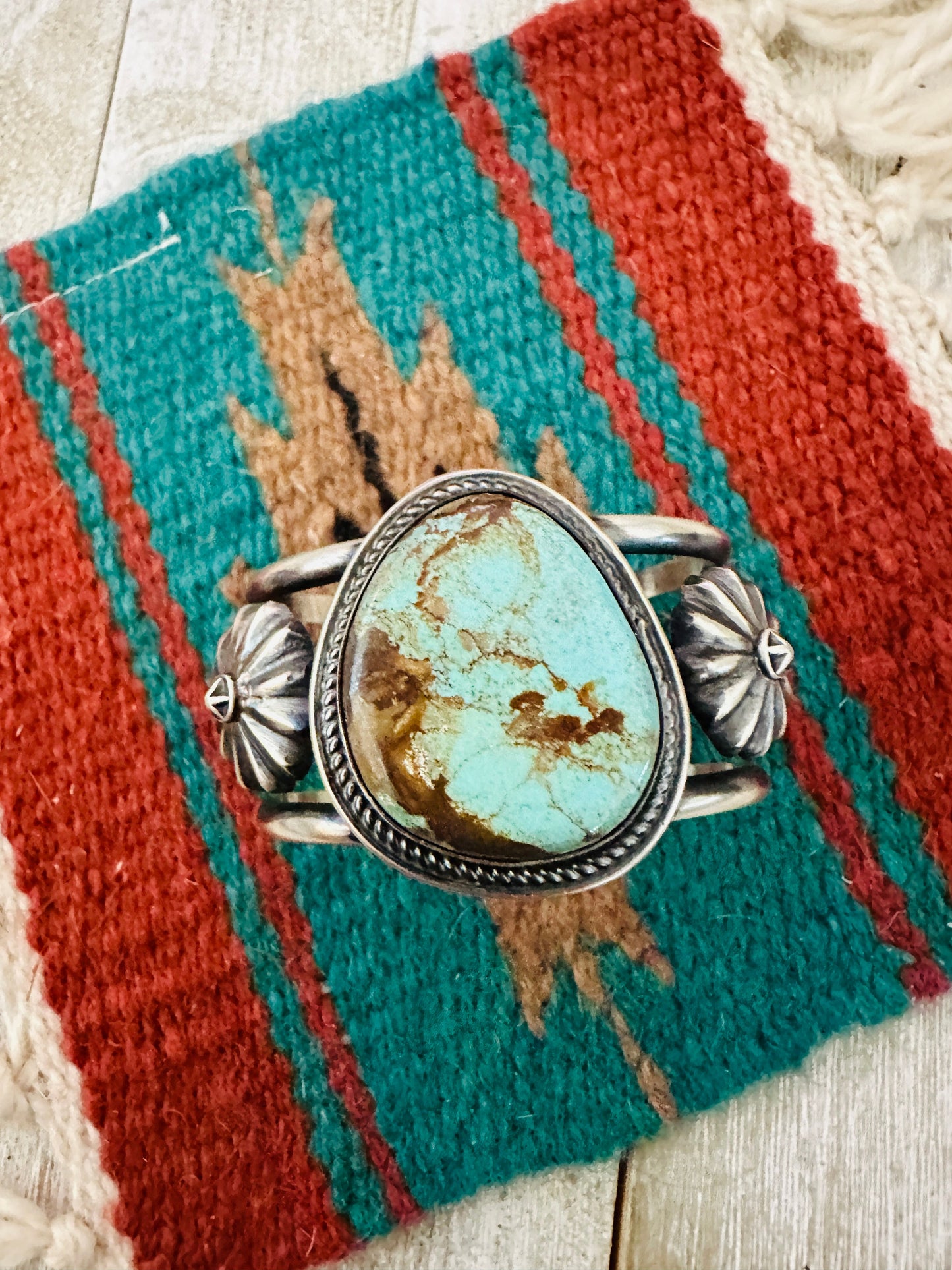 Navajo Sterling Silver & Number 8 Turquoise Cuff Bracelet by Chimney Butte