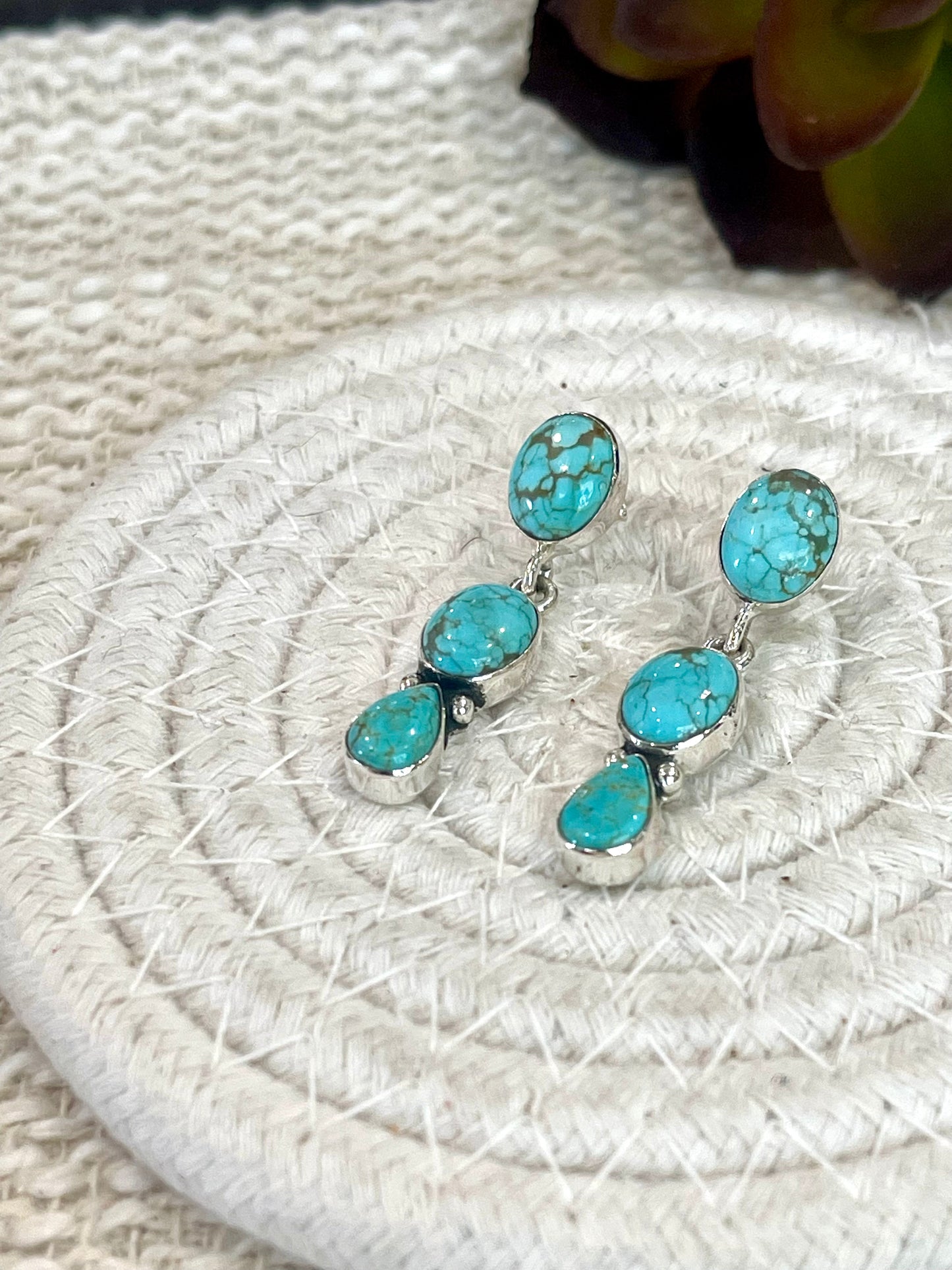 Handmade Sterling Silver Number 8 Turquoise Post Dangle Earrings with Signed Nizhoni