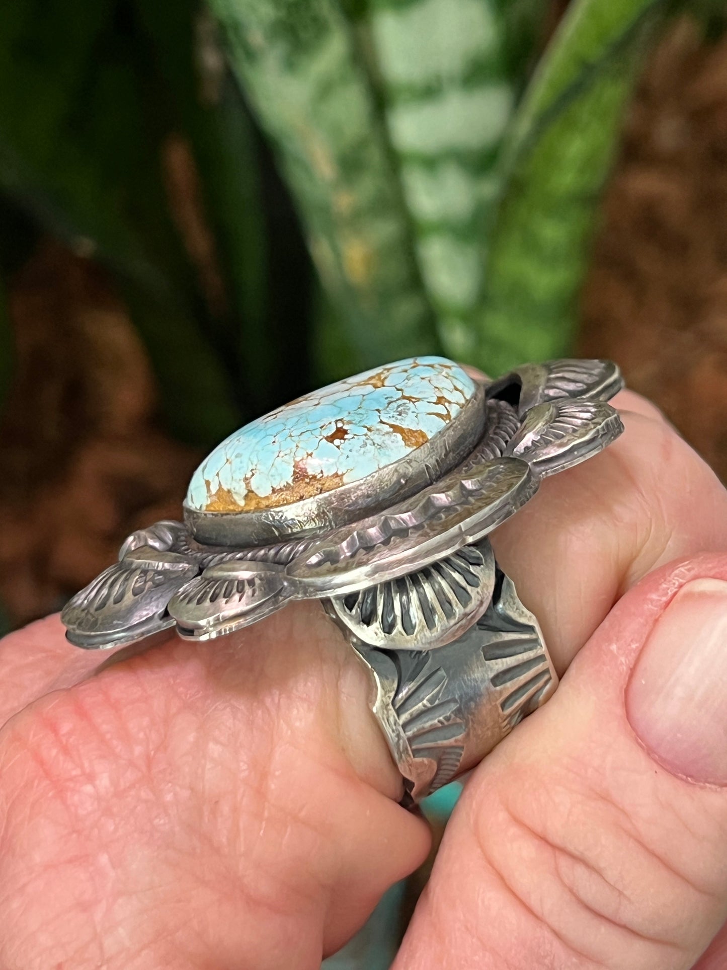 Handcrafted Sterling Silver and Number 8 Turquoise Ring by Artist, Gilbert Tom, Size 10.5