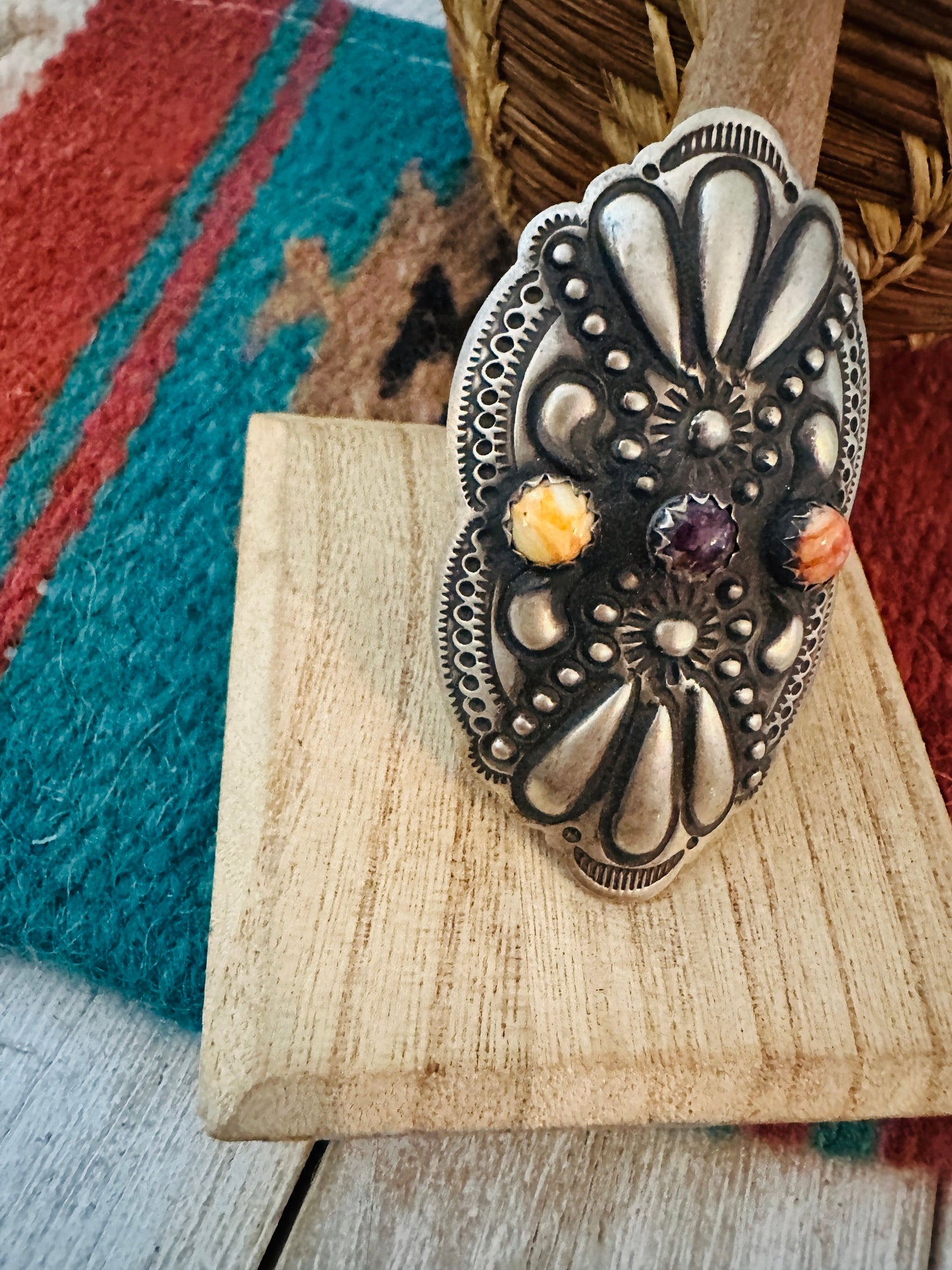 Handcrafted Spiny Oyster & Sterling Silver Adjustable Ring by Leander Tahe