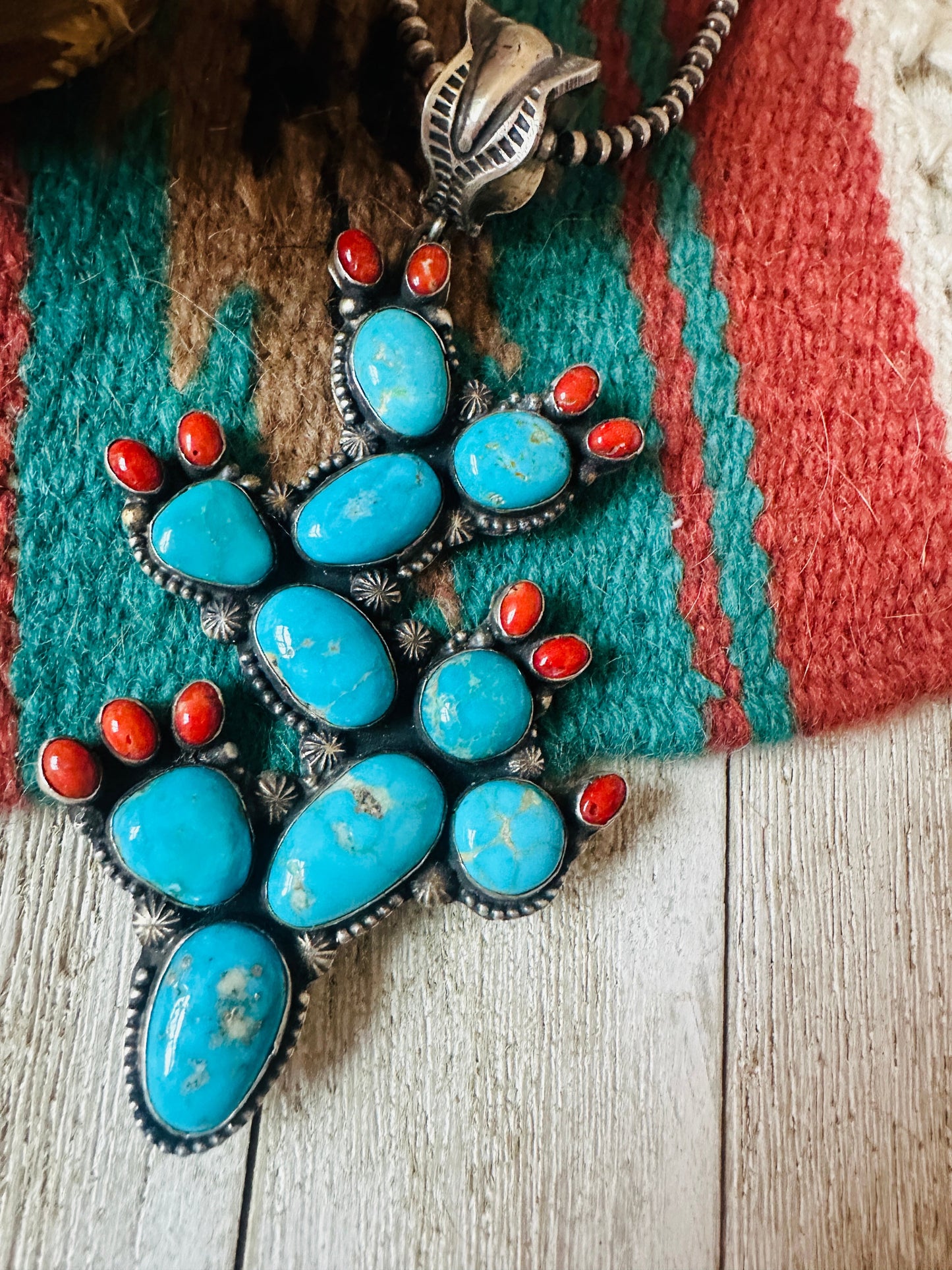 Handcrafted Sterling Silver, Turquoise & Coral Cactus Pendant by Shawn Cayatineto