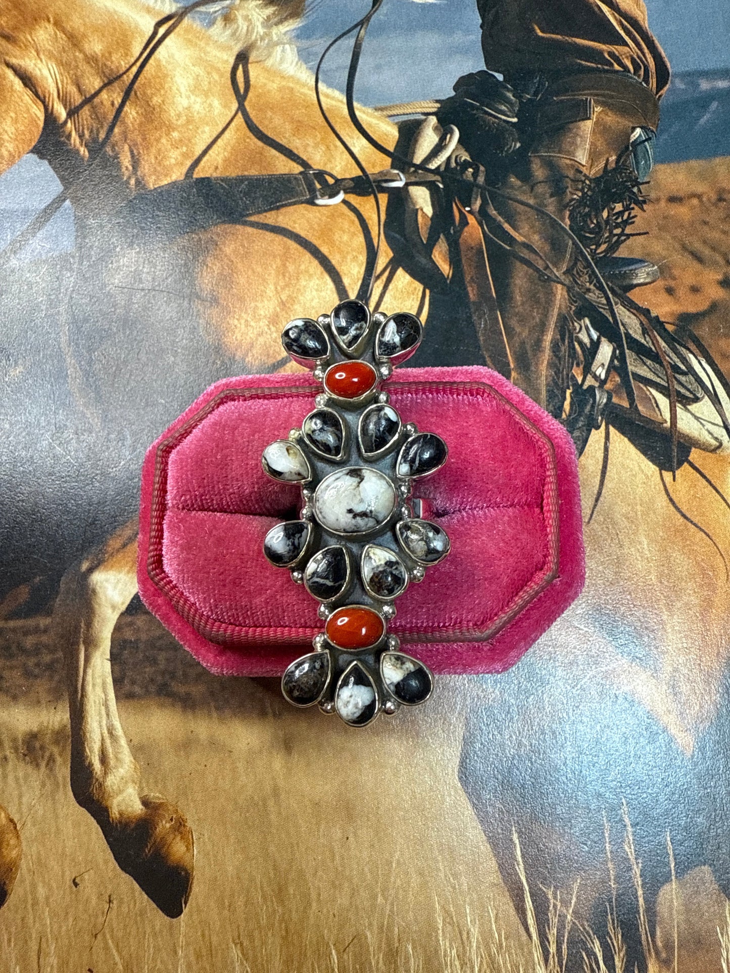 Handmade Coral, White Buffalo & Sterling Silver Adjustable Ring Signed Nizhoni