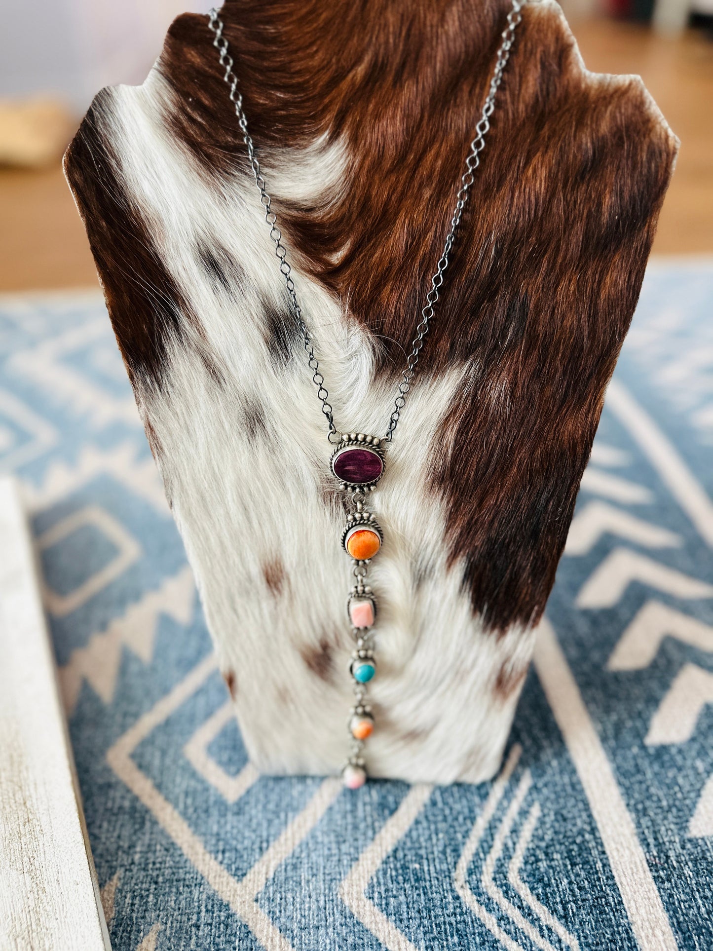 Handcrafted Sterling Silver & Multi Stone Lariat Necklace