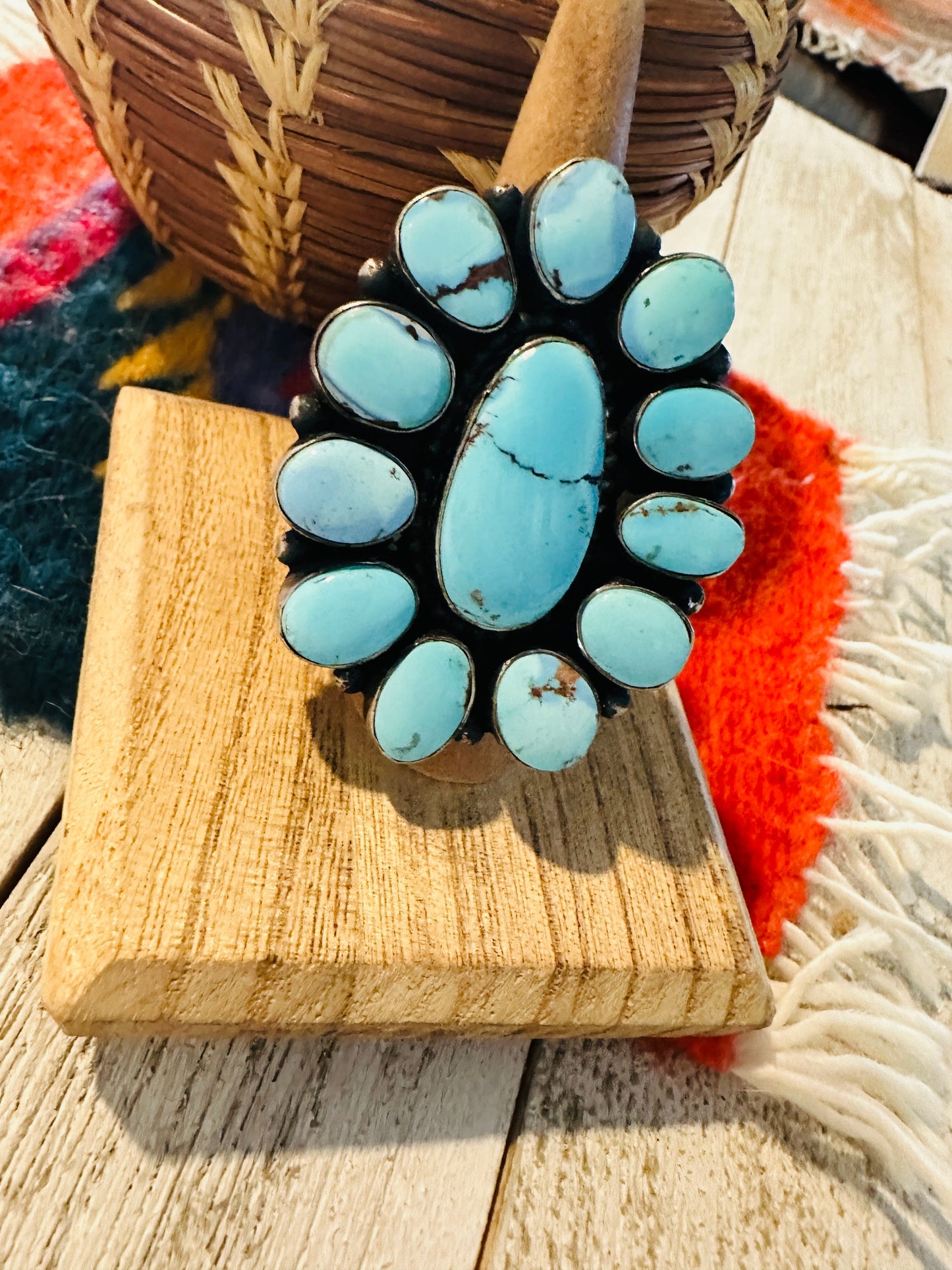 Handcrafted Golden Hills Turquoise & Sterling Silver Cluster Ring by Blaine Yellowhorse, Size 7