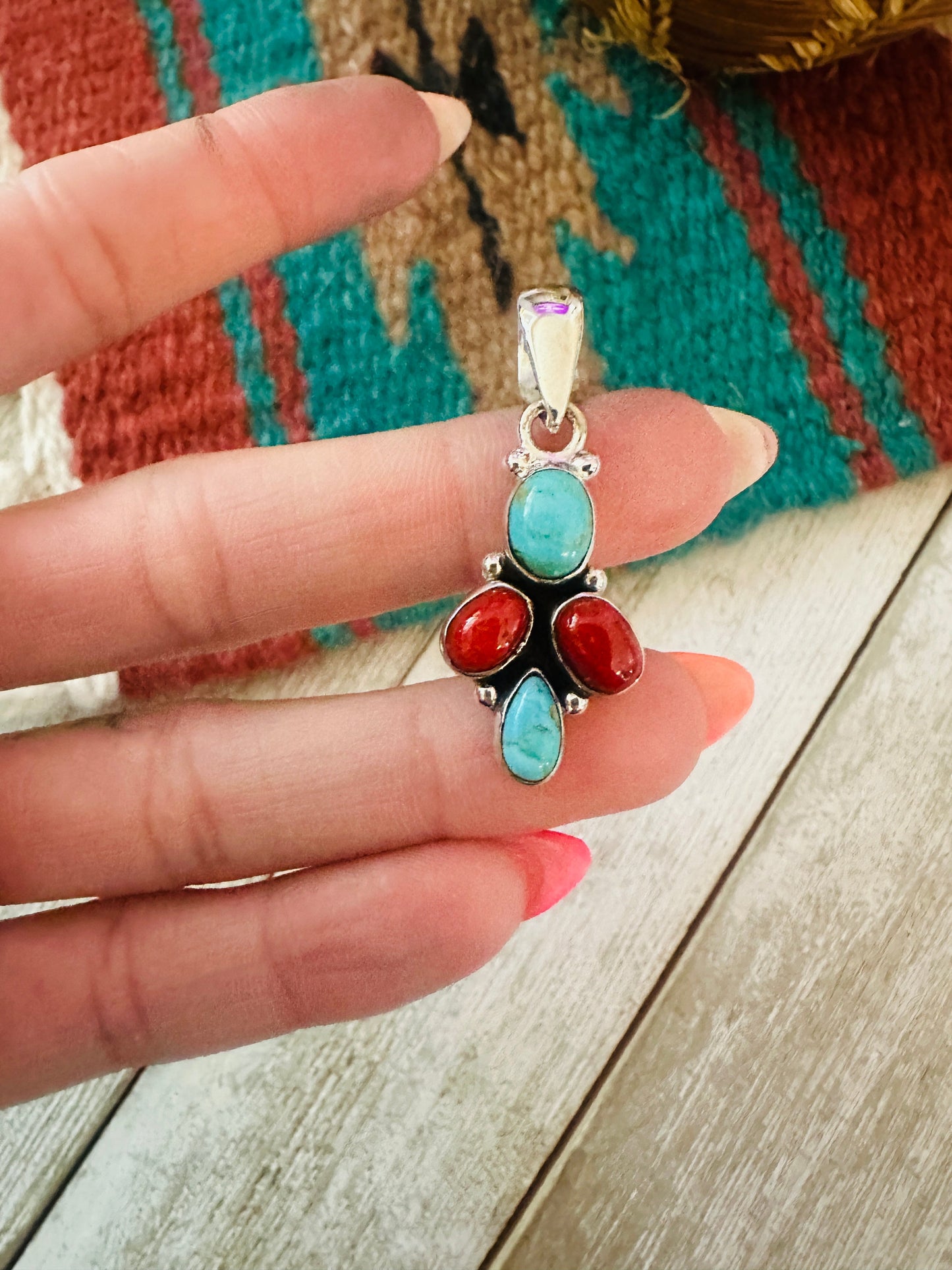 ** Christmas Collection ** Handmade Sterling Silver, Coral & Turquoise Pendant Signed Nizhoni