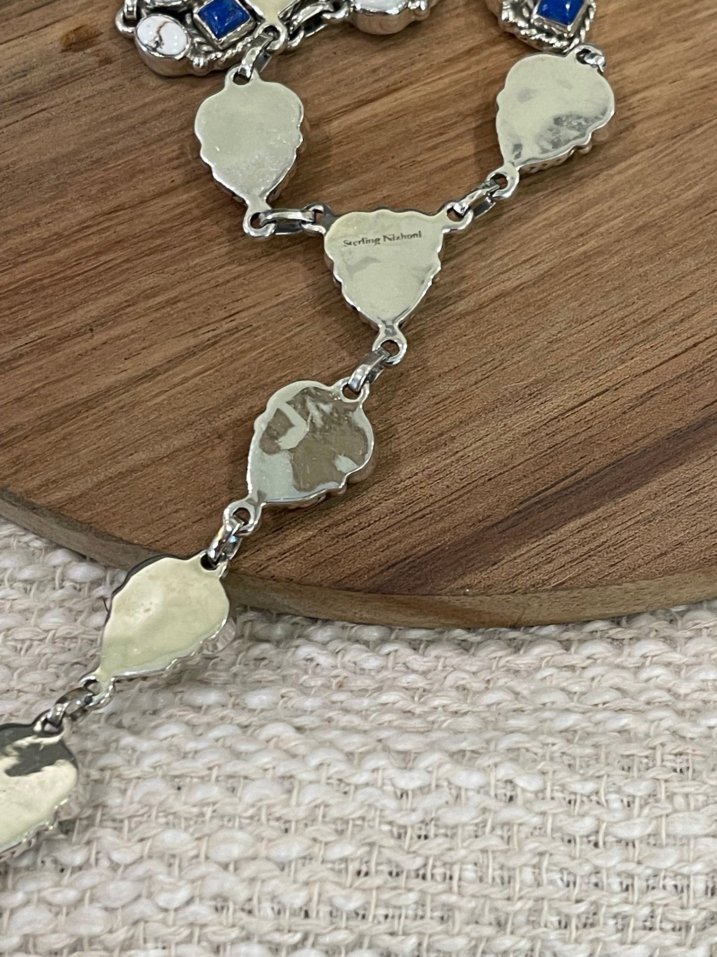 Handmade Sterling Silver Wild Horse with Lapis Lariat Necklace, Signed Nizhoni