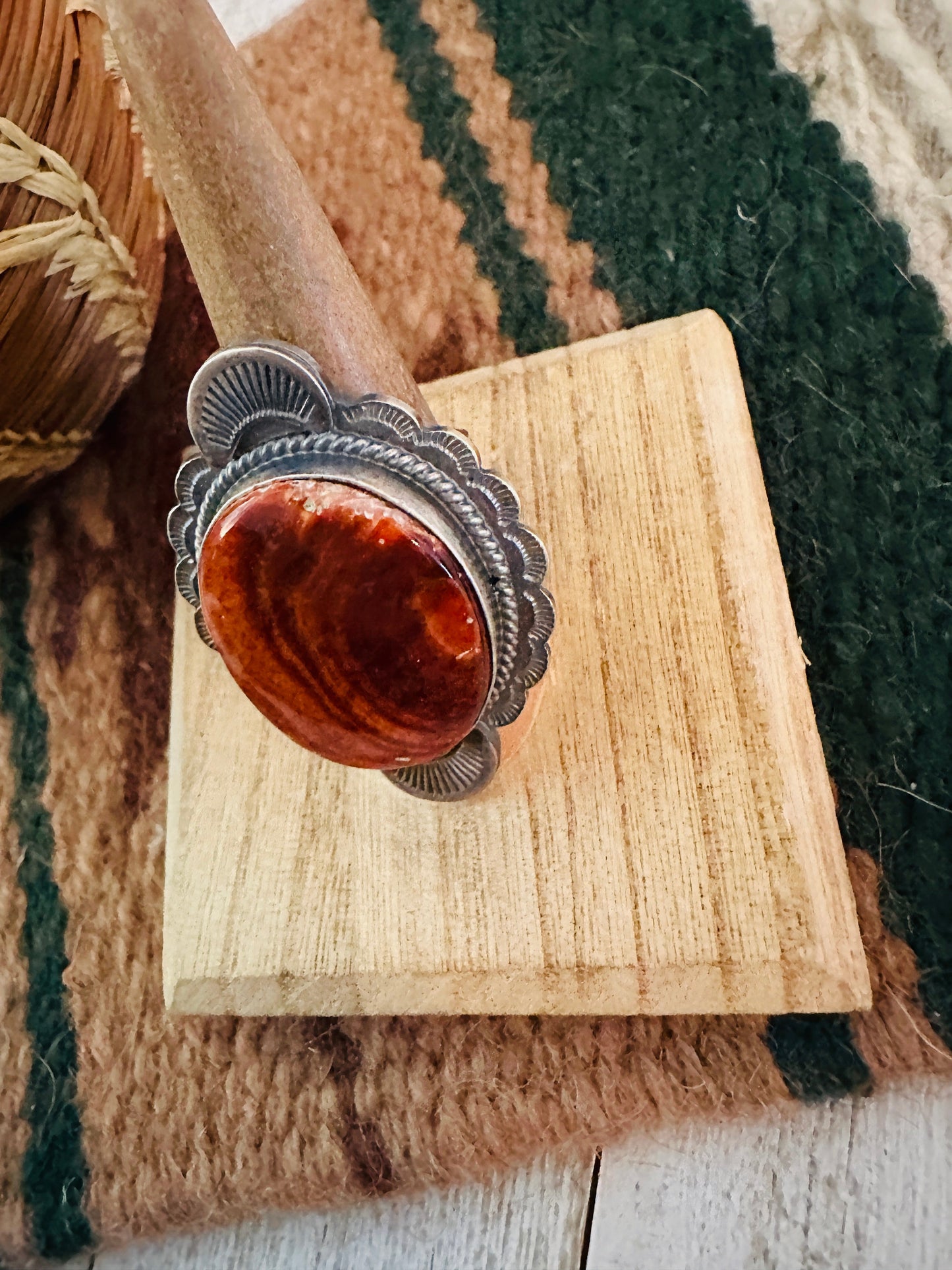 Handcrafted Orange Spiny & Sterling Silver Ring Size 8.5