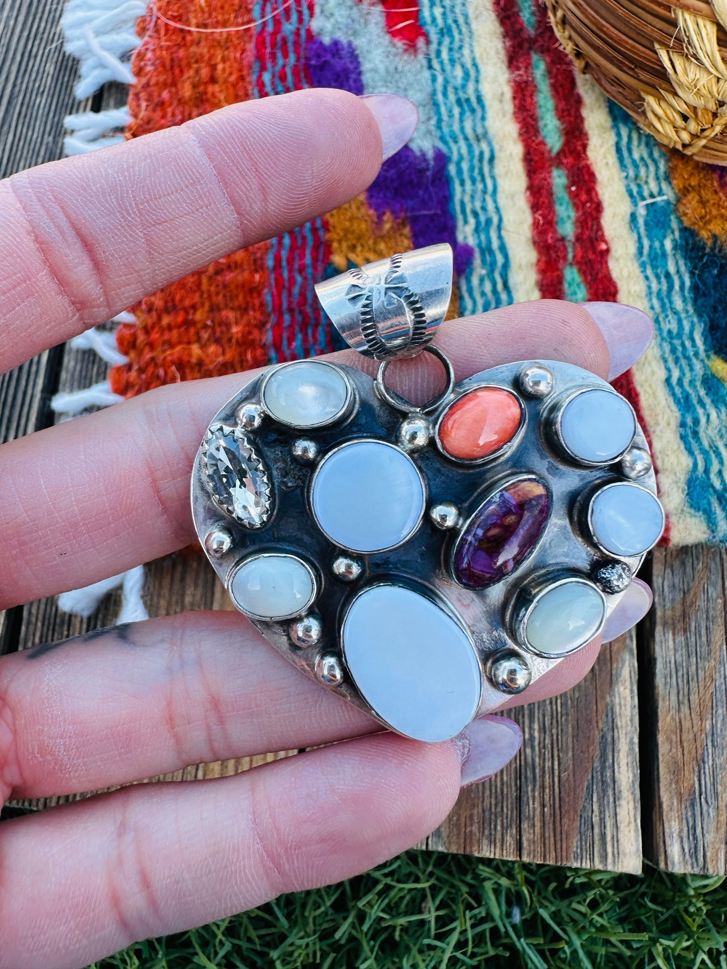 Handcrafted Mother of Pearl, Spiny, CZ & Sterling Silver Heart Pendant by Jacqueline Silver