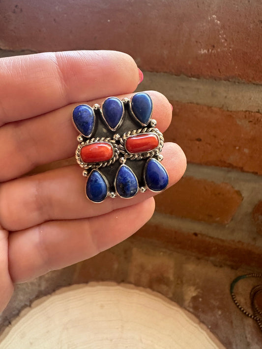 **4TH OF JULY** Handmade Coral, Lapis & Sterling Silver Adjustable Ring Signed Nizhoni