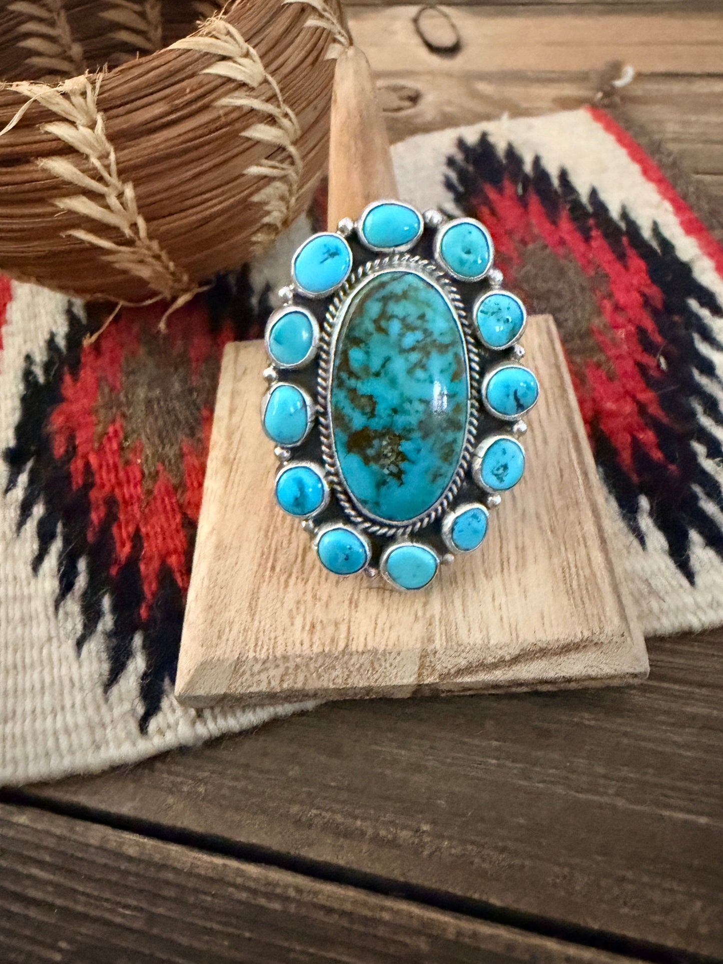 Handcrafted Kingman Turquoise & Sterling Silver Cluster Adjustable Ring by Aaron David