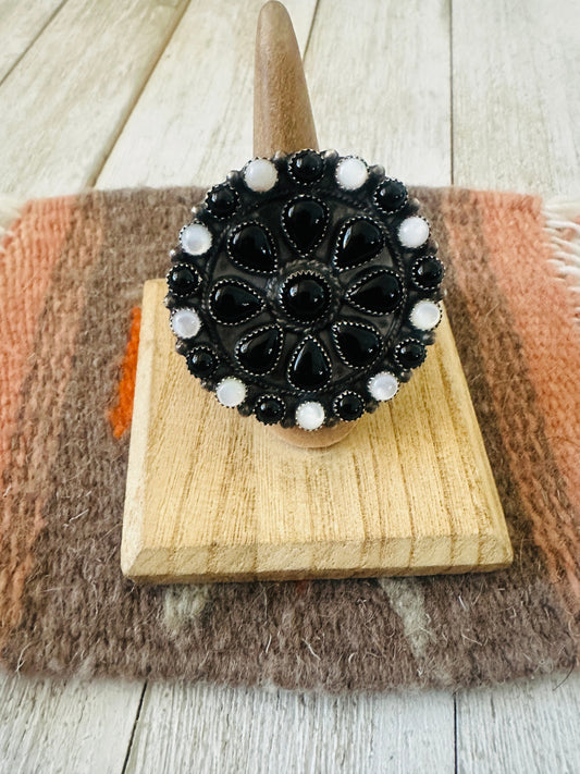 Handcrafted Sterling Silver, Onyx & Mother of Pearl Cluster Adjustable Ring