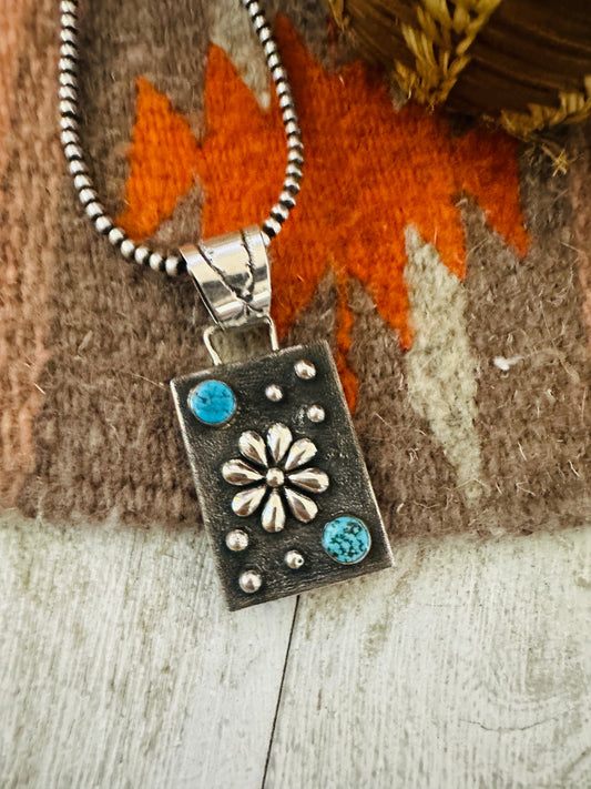 Handcrafted Studded Flower Turquoise & Sterling Silver Pendant