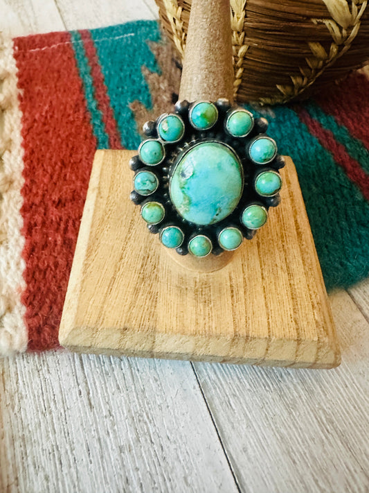 Handcrafted Turquoise & Sterling Silver Cluster Ring Size 8