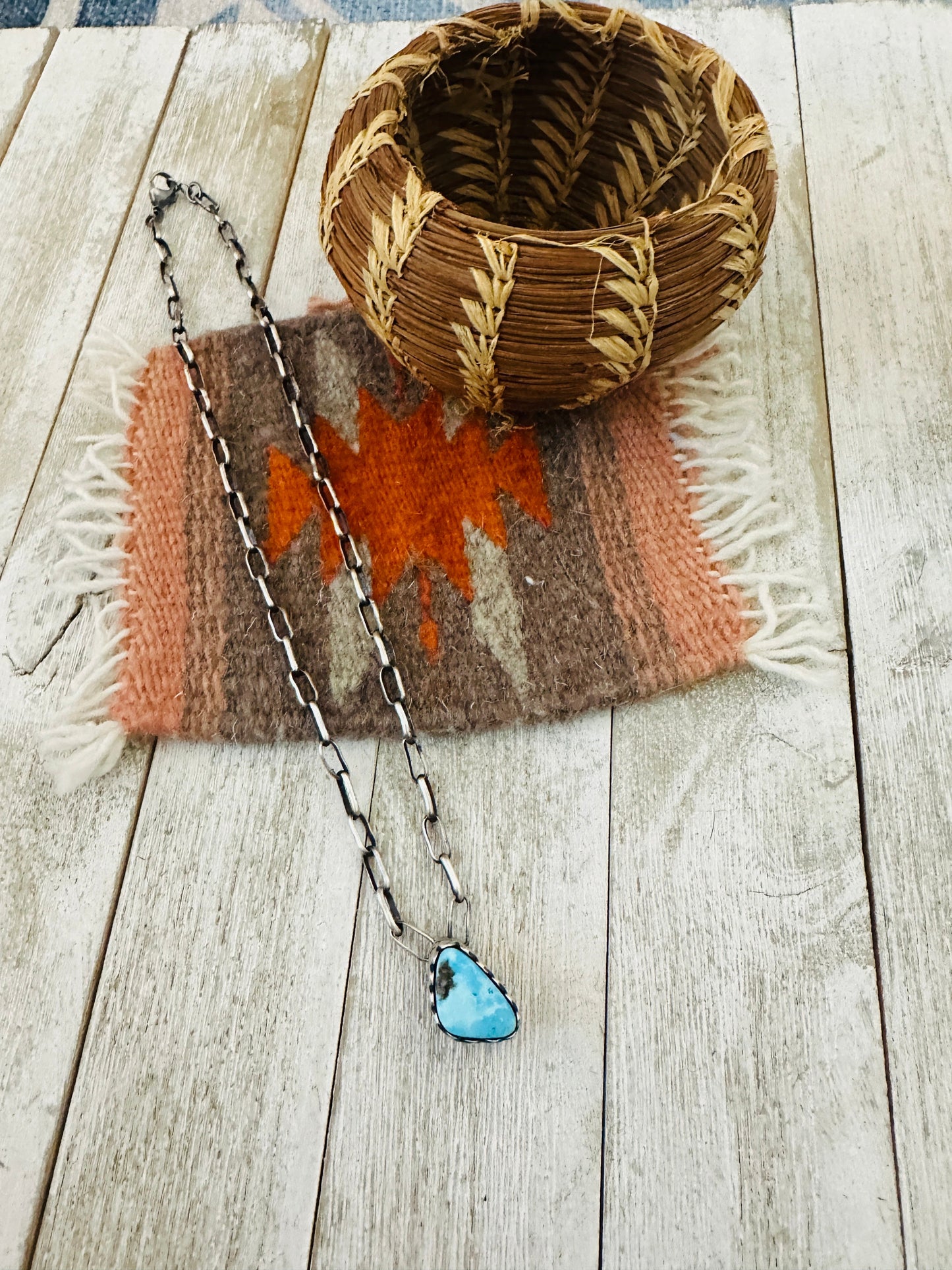 Handcrafted Golden Hills Turquoise & Sterling Silver Paper Clip Chain Necklace