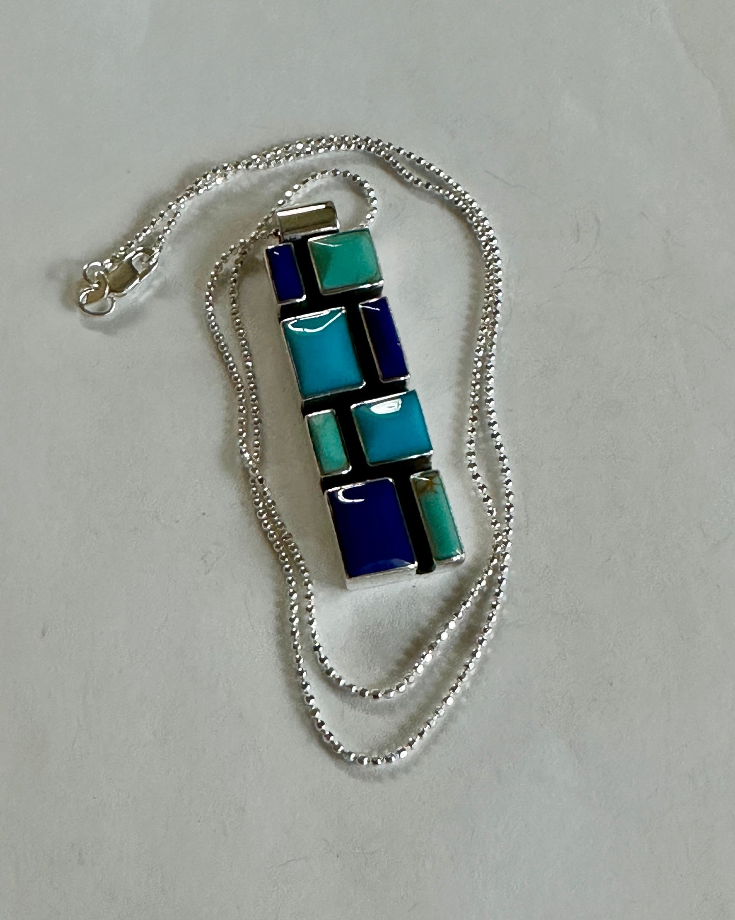 Turquoise & Lapis Slim Mosaic Pendant Necklace
