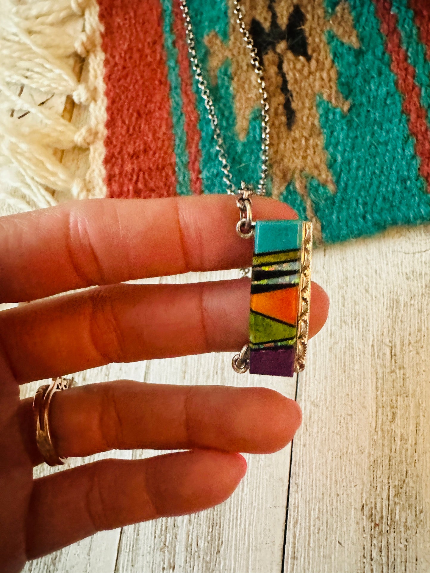 Handcrafted Multi Stone & Sterling Silver Inlay Bar Necklace