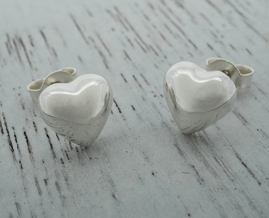 Puffed Heart Stud Sterling Silver Earrings