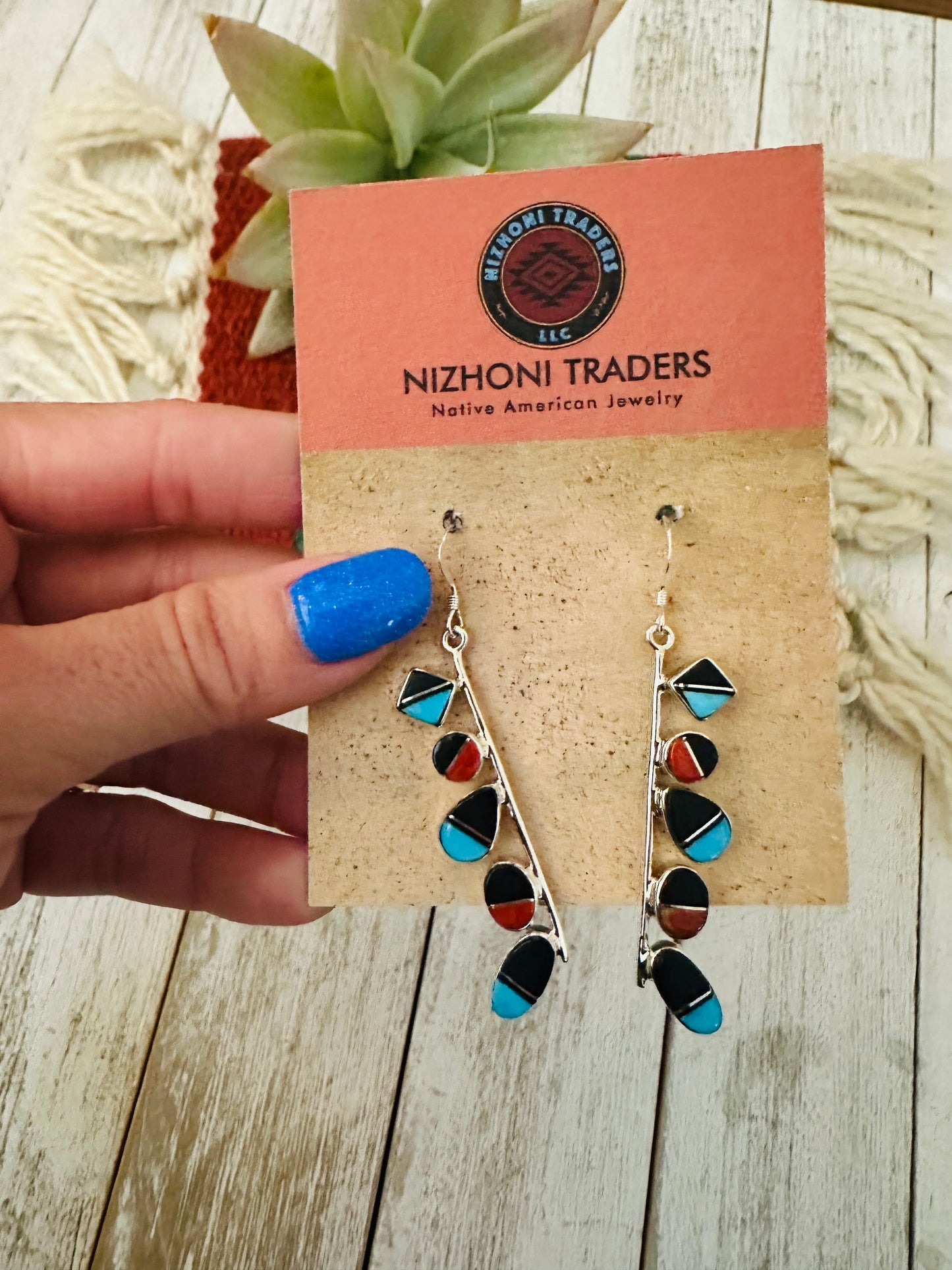 Navajo Multi Stone & Sterling Silver Inlay Dangle Earrings