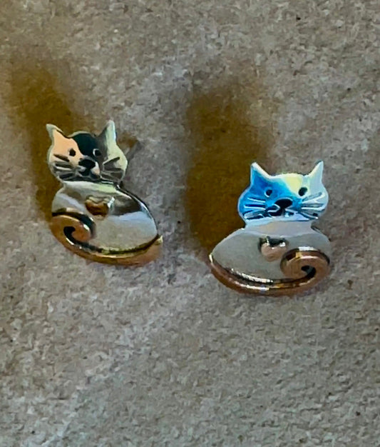 Sterling Silver & Copper Cat Earrings on Post