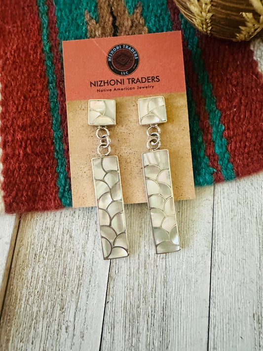 Handcrafted Sterling Silver & Mother of Pearl Inlay Dangle Earrings