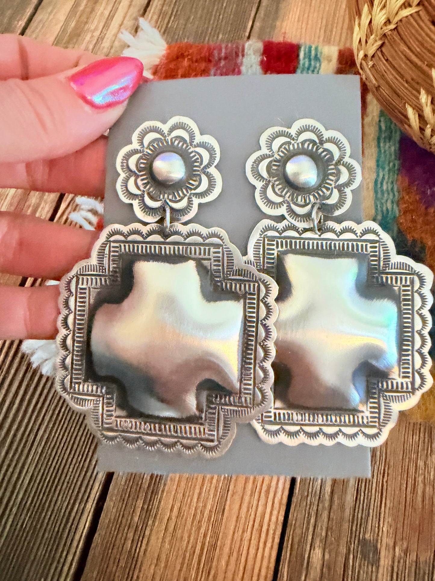 Handcrafted Sterling Silver Concho Cross Dangle Earrings by Leander Tahe