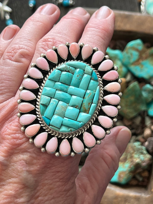 Handcrafted Cobblestone Kingman Turquoise and Pink Conch Cluster Ring by Aaron Tallis, Adjustable
