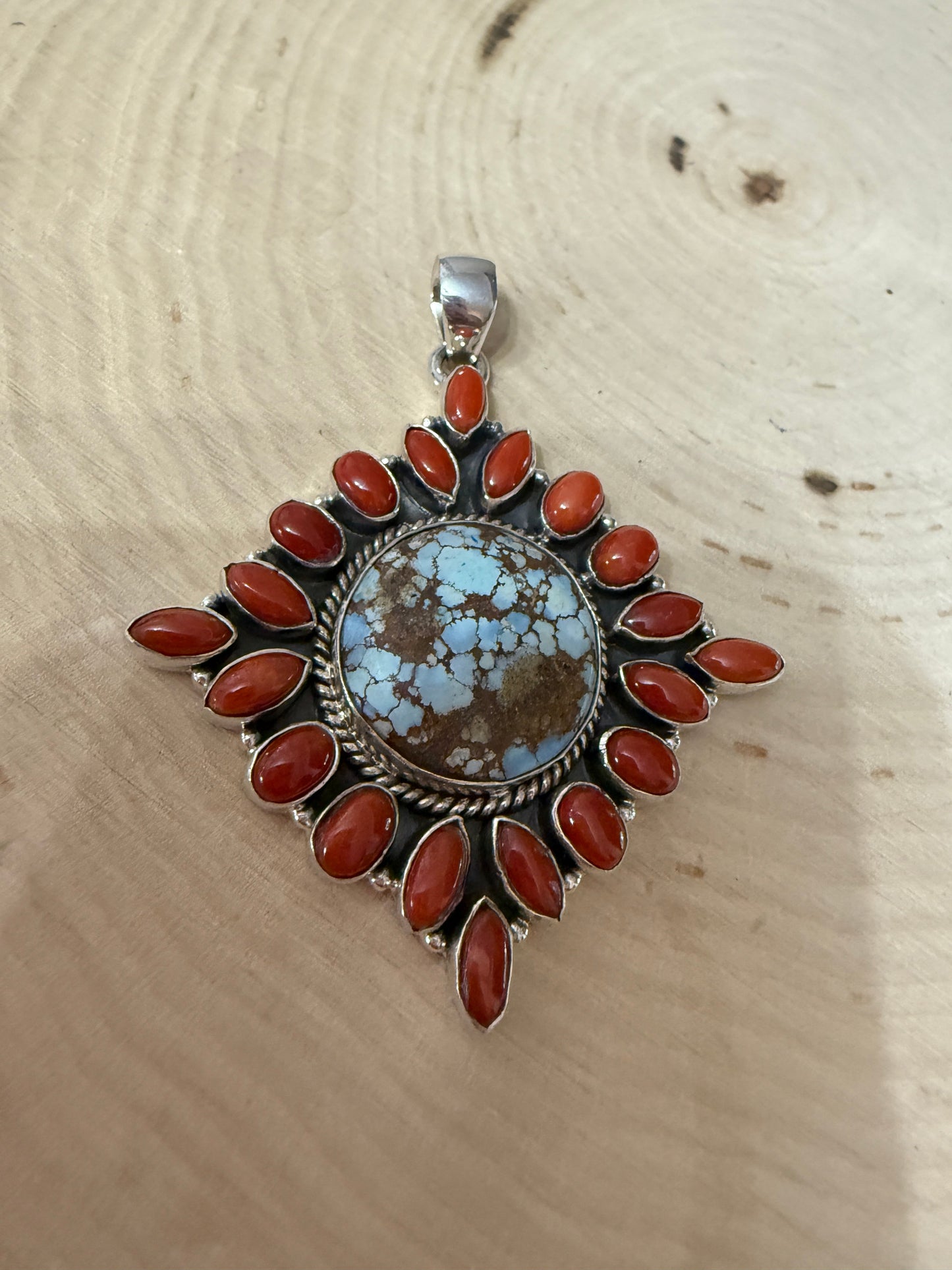 Handmade Sterling Silver, Coral & Golden Hills Turquoise Cluster Pendant