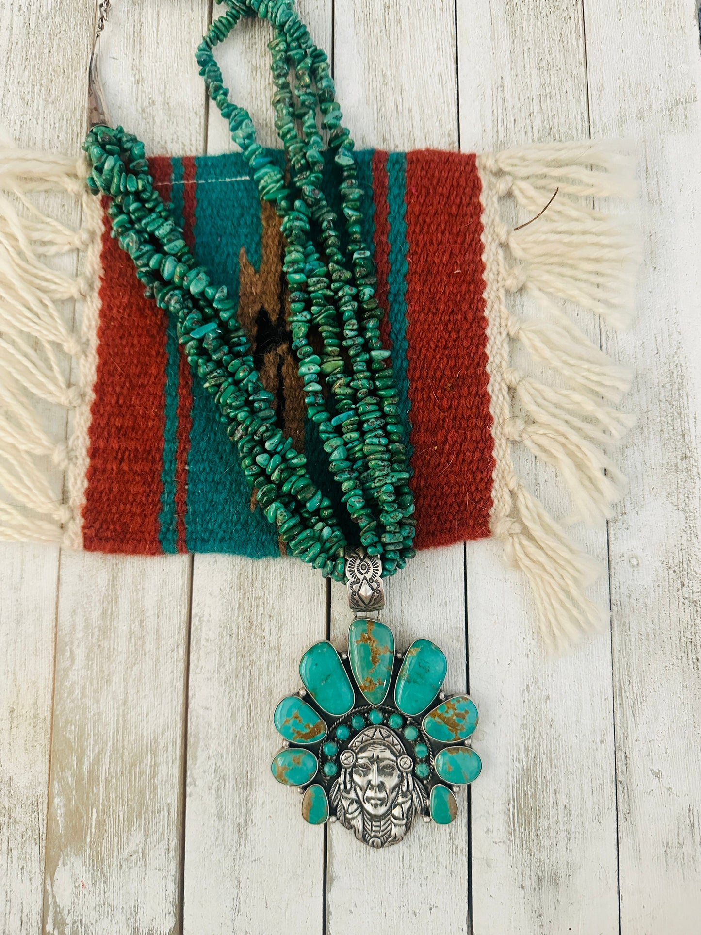 Stunning Handcrafted Sterling Silver & Turquoise Indian Chief Beaded Necklace