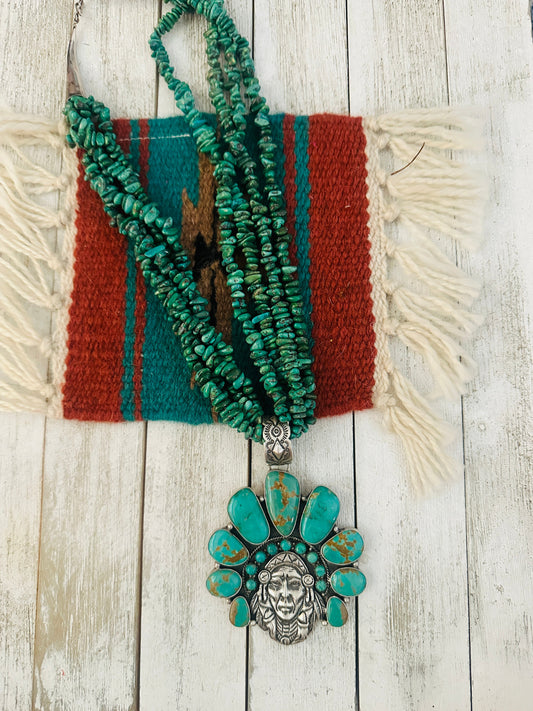 Stunning Handcrafted Sterling Silver & Turquoise Indian Chief Beaded Necklace