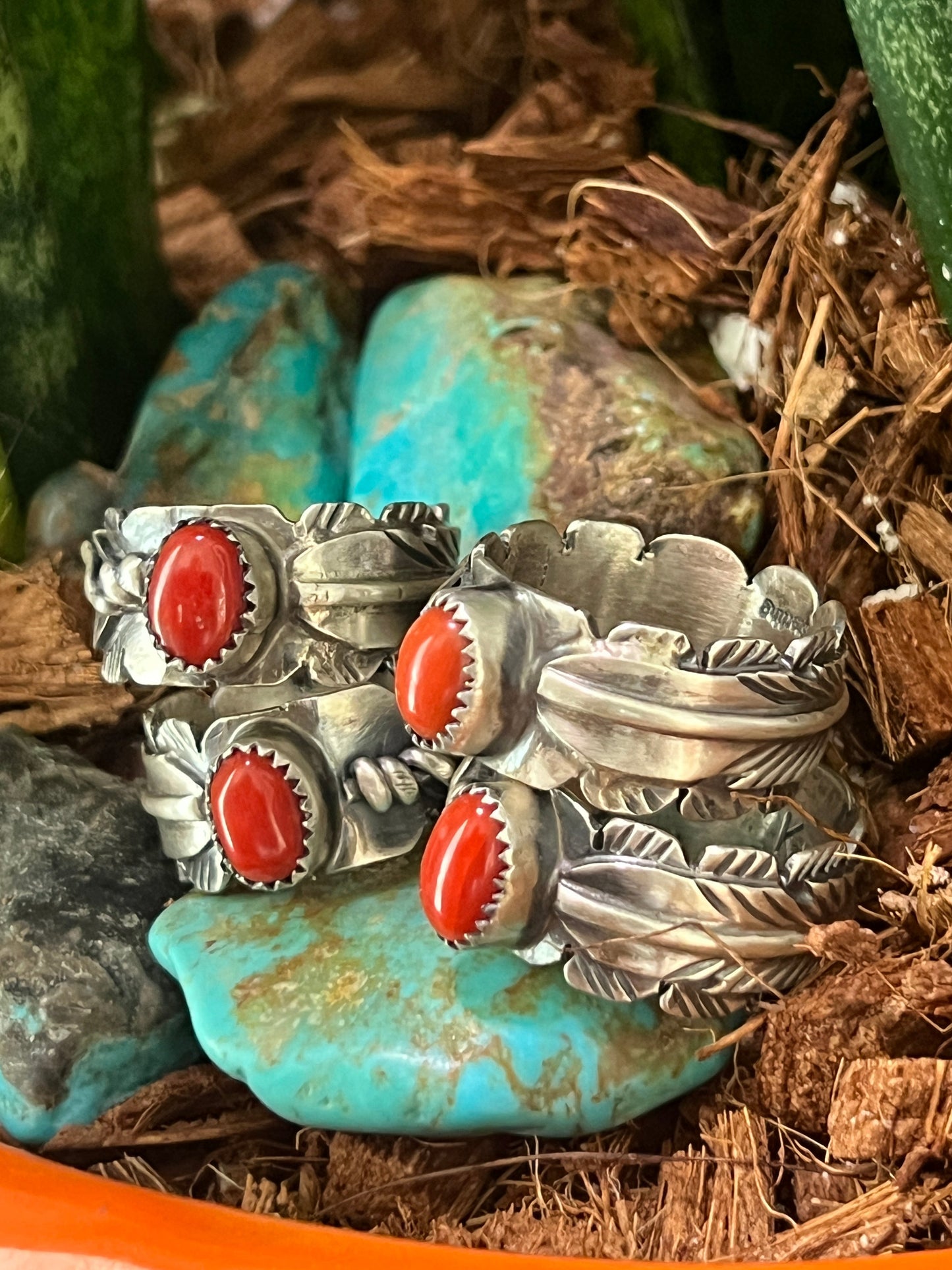 Handcrafted Sterling Silver Stout Feather Rings with Mediterranean Coral, Signed KM