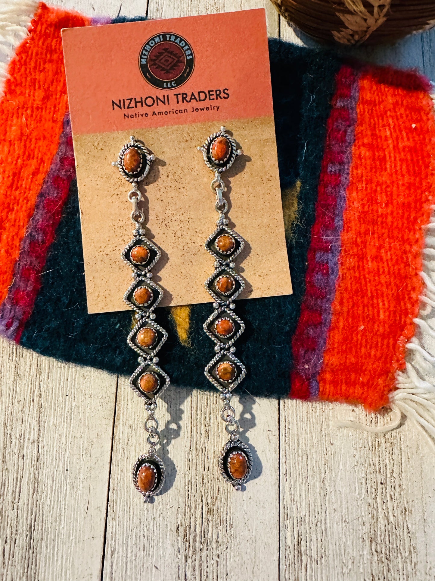 Handmade Orange Spiny & Sterling Silver Dangle Earrings Signed Nizhoni