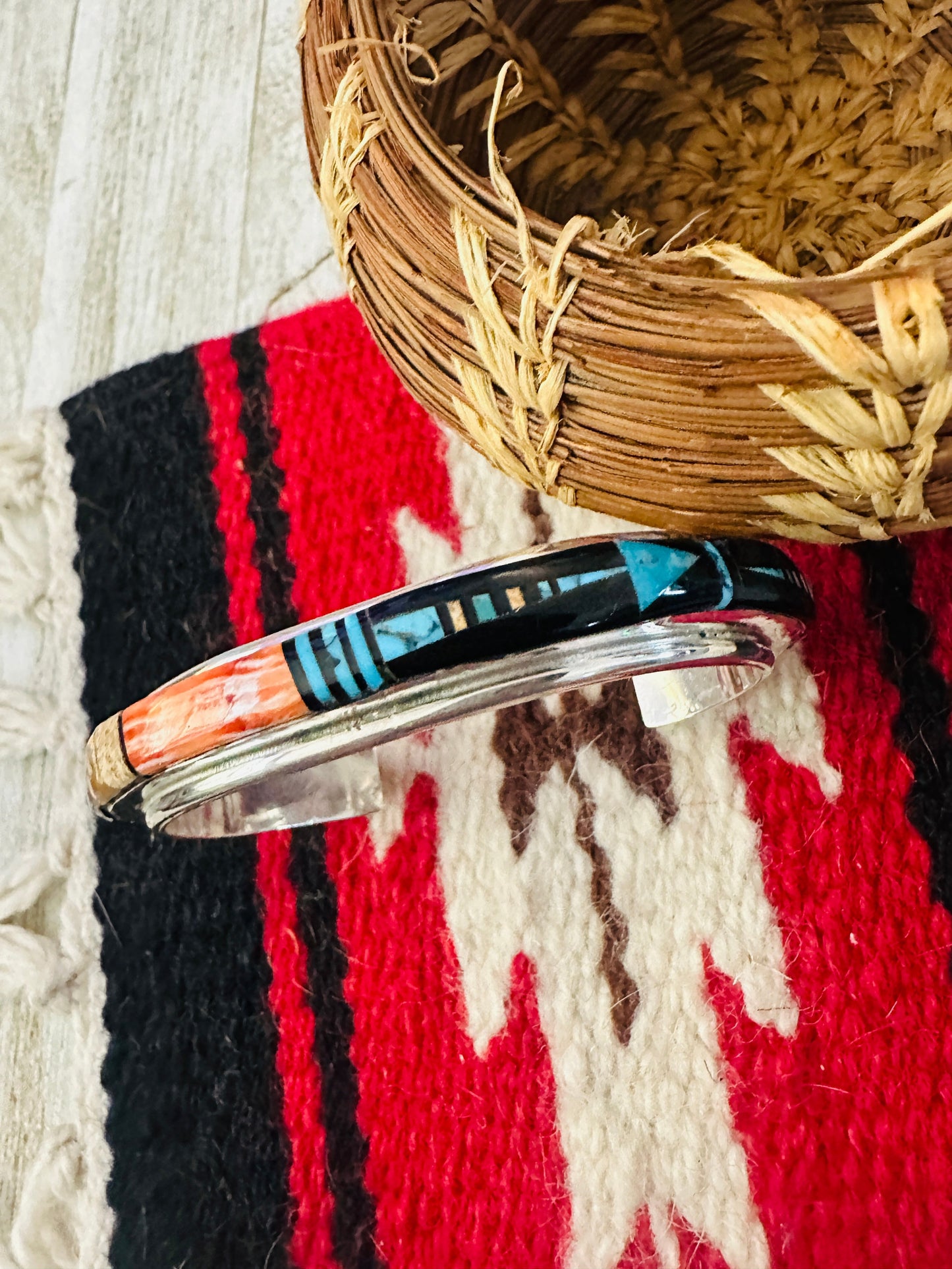 Handcrafted Multi Stone & Sterling Silver Inlay Cuff Bracelet by Ray Jack