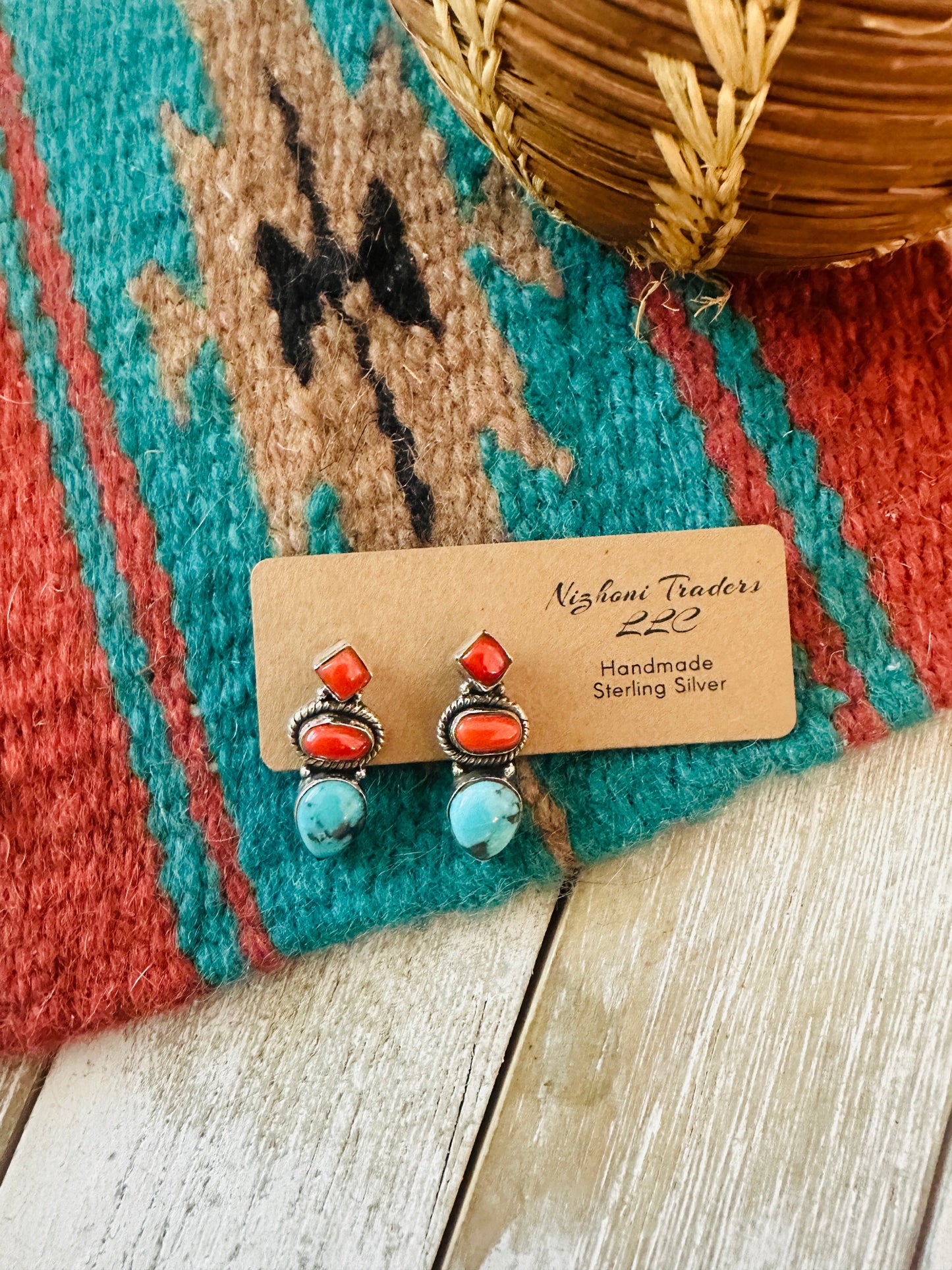 ** Christmas Collection ** Handmade Sterling Silver, Coral & Turquoise Earrings Signed Nizhoni