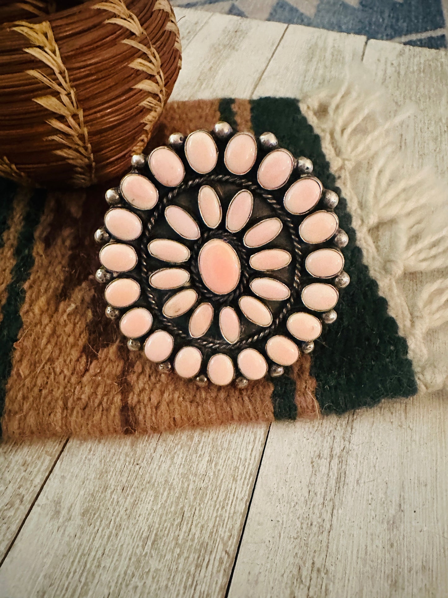 Handcrafted Queen Pink Conch Shell & Sterling Silver Cluster Cuff Bracelet