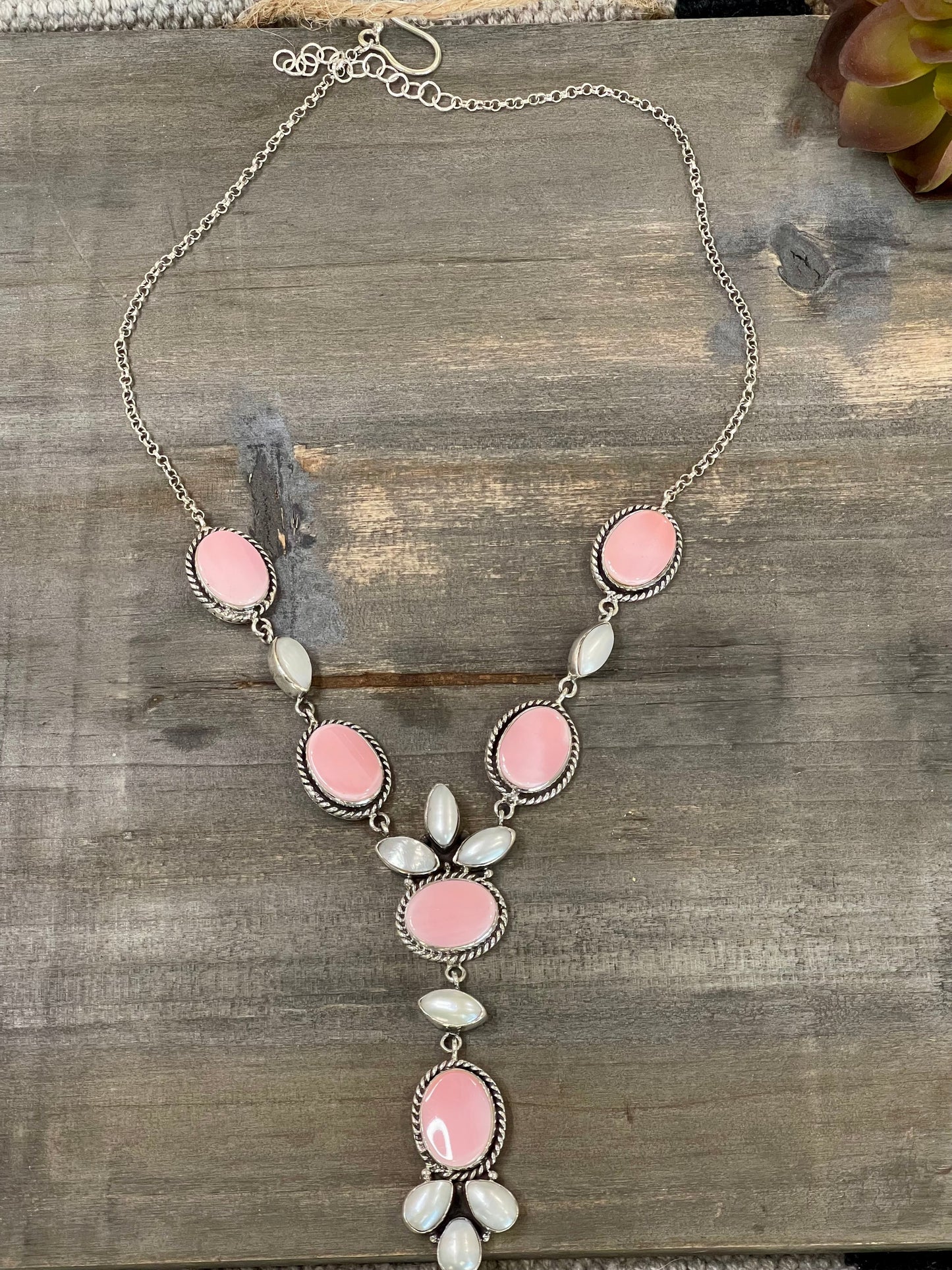Handmade Sterling Silver, Pink Conch & Pearl Lariat Necklace
